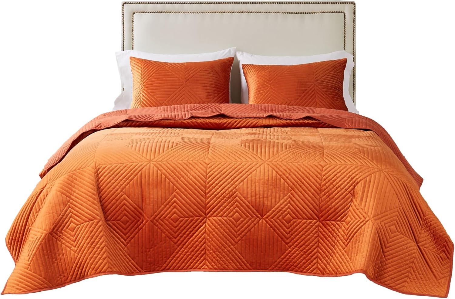 Greenland Home Fashions 3pc King Riviera Velvet Quilt & Sham Set Spice Orange: Microfiber, Zipper Closure, Year-Round