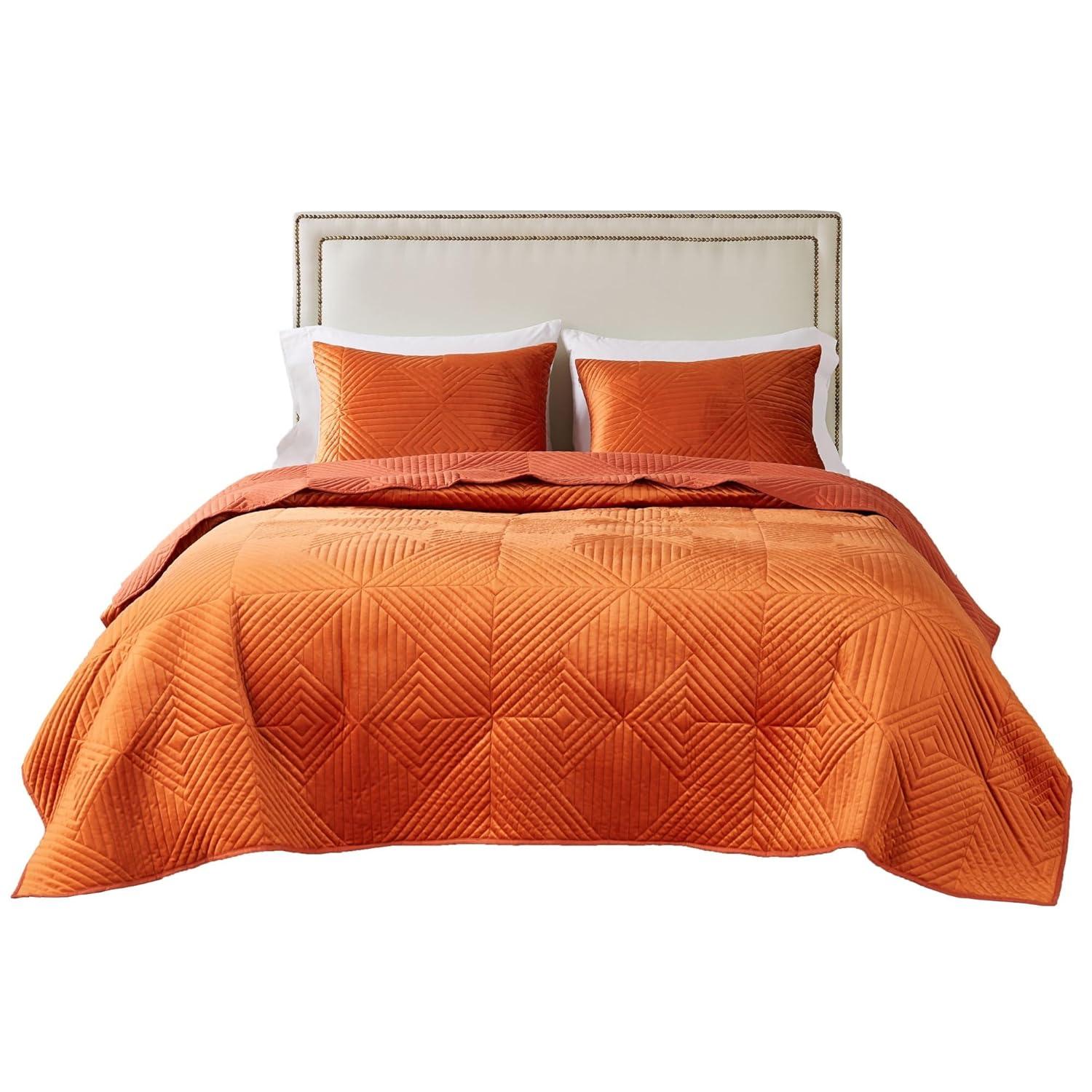 Greenland Home Fashions 3pc King Riviera Velvet Quilt & Sham Set Spice Orange: Microfiber, Zipper Closure, Year-Round