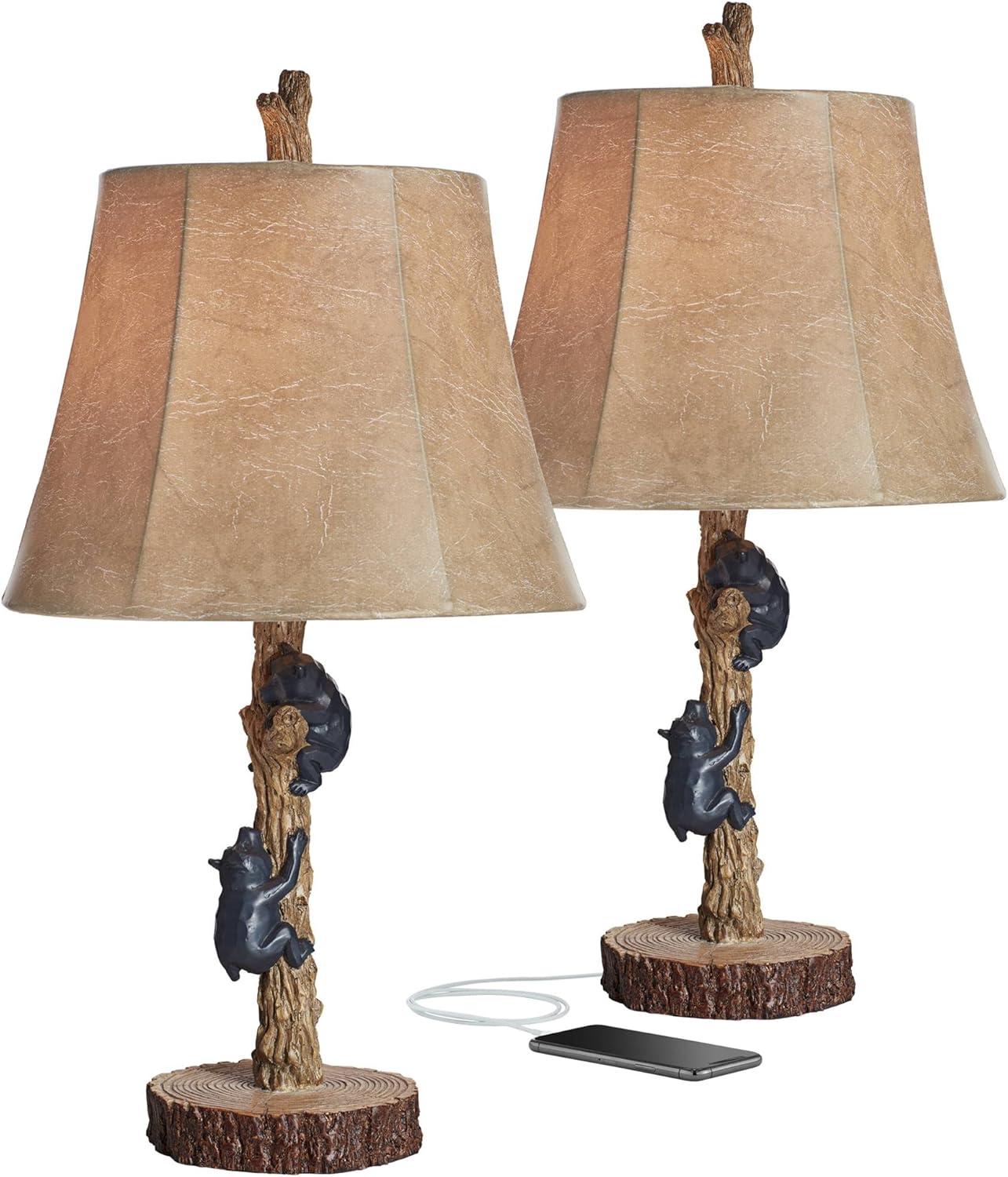 John Timberland Climbing Bears 22 1/2" High Small Rustic Style Accent Table Lamps Set of 2 USB Port Brown Black Wood Finish Living Room Charging