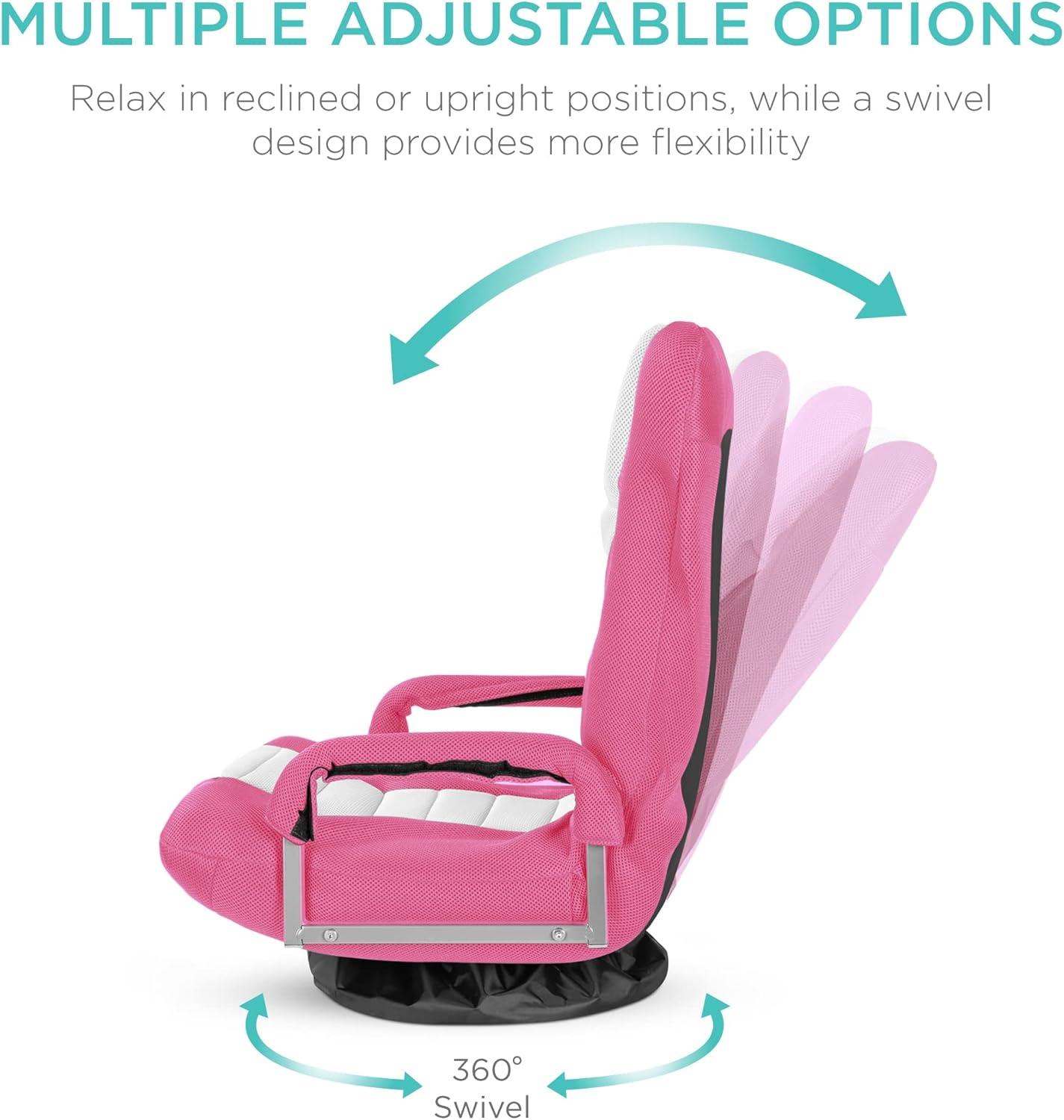 Best Choice Products 360-Degree Swivel Gaming Floor Chair w/ Armrest Handles, Foldable Adjustable Backrest - Pink/White