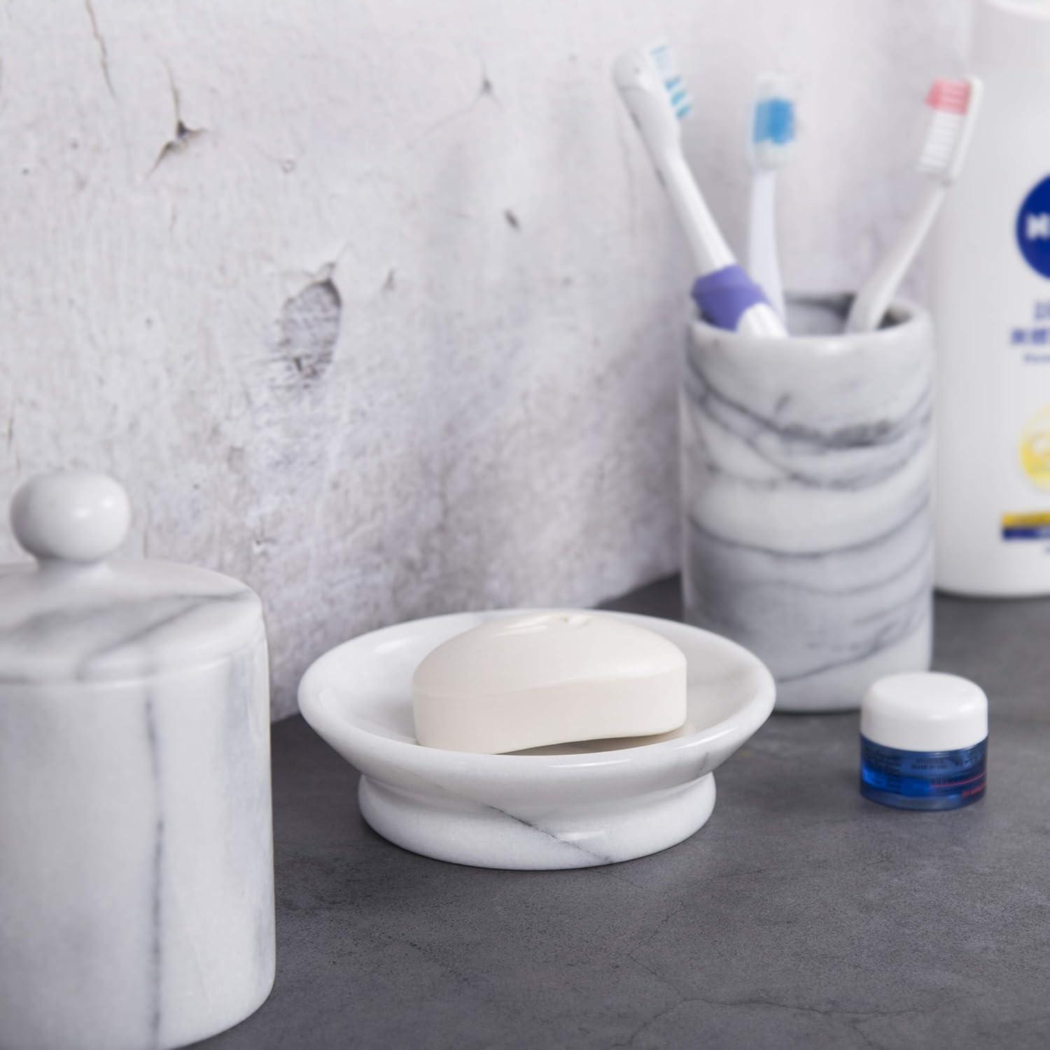 Creative Home Genuine Natural Marble Round Bar Soap Dish Soap Tray Holder Countertop Organizer, 5" Diam. x 1.5" H, Off-White