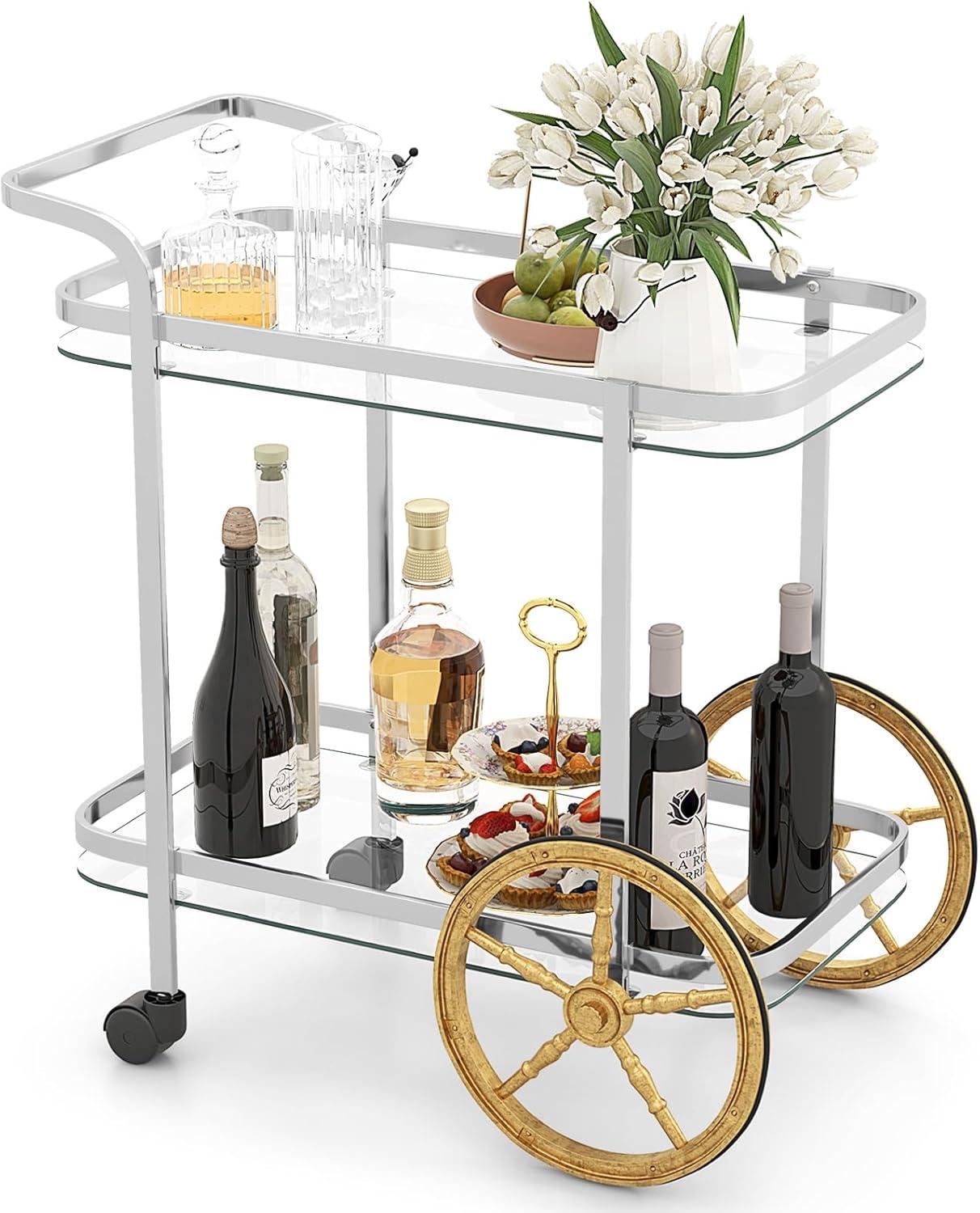 Costway Modern Bar Cart 2-Tier Tempered Glass Serving Cart with 2 Large Aluminum Wheels & 2 Rolling Casters Easy-to-Grip Handle Stainless Steel Frame
