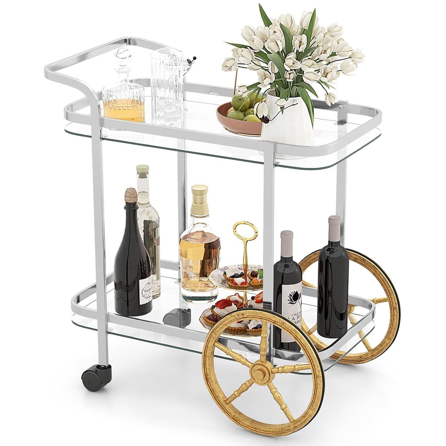 Costway Modern Bar Cart 2-Tier Tempered Glass Serving Cart with 2 Large Aluminum Wheels & 2 Rolling Casters Easy-to-Grip Handle Stainless Steel Frame