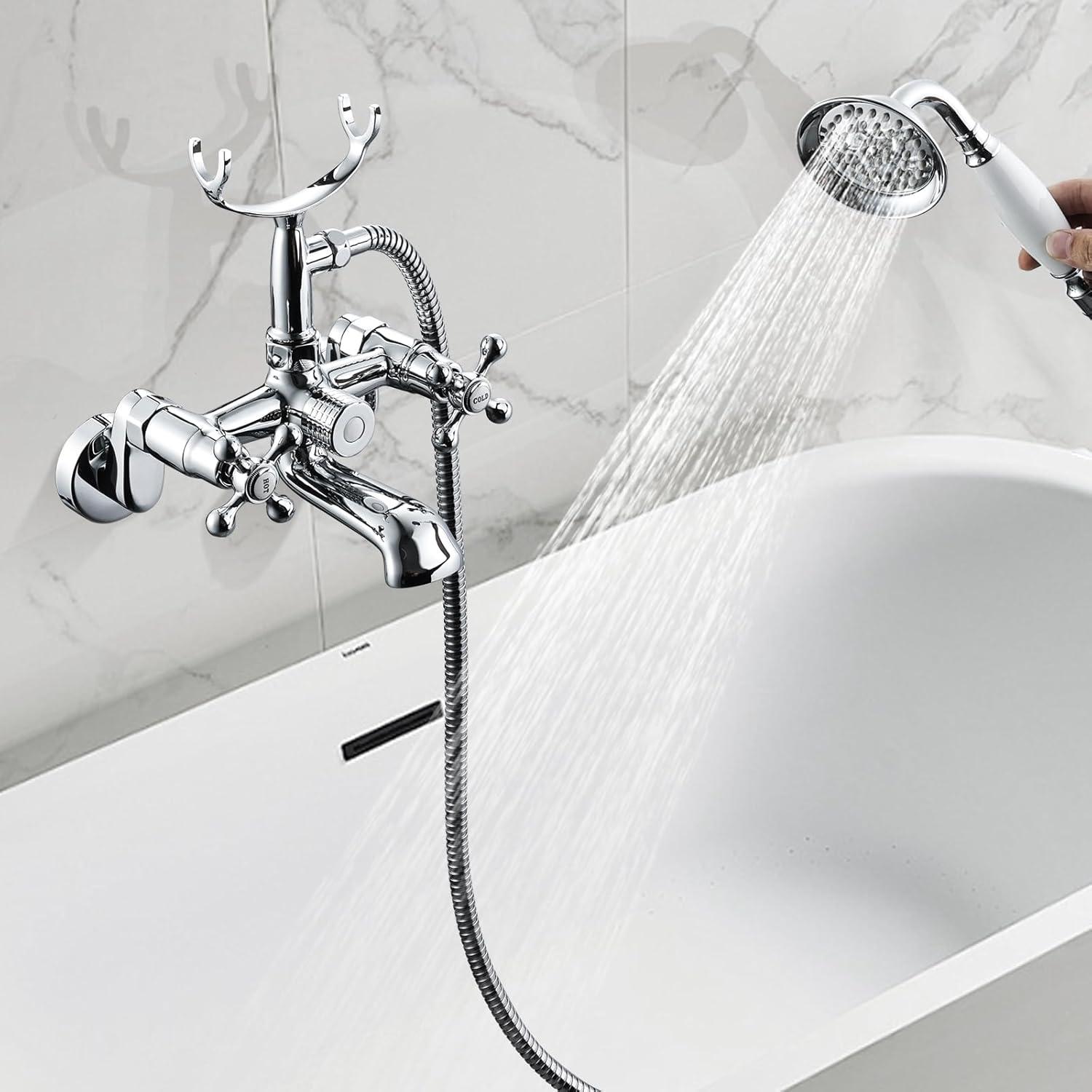Wasserrhythm Clawfoot Tub Faucet and Shower Kit Chrome Wall Mount Tub Faucet G1/2 Vintage Tub Faucet Victorian Clawfoot Tub Faucet with Hand Shower Set Brass Double Cross Handle