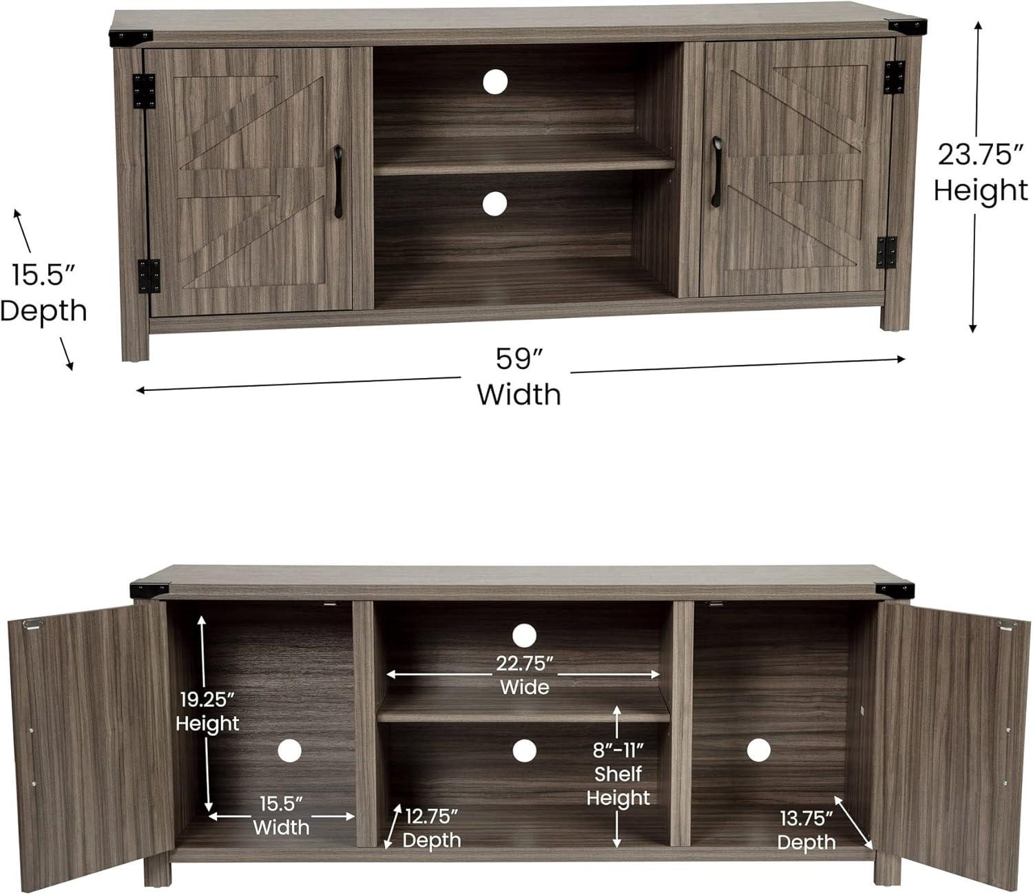 BizChair Modern Farmhouse Barn Door TV Stand - Gray Wash Oak for TV's up to 65 Inches - 59" Entertainment Center with Adjustable Shelf