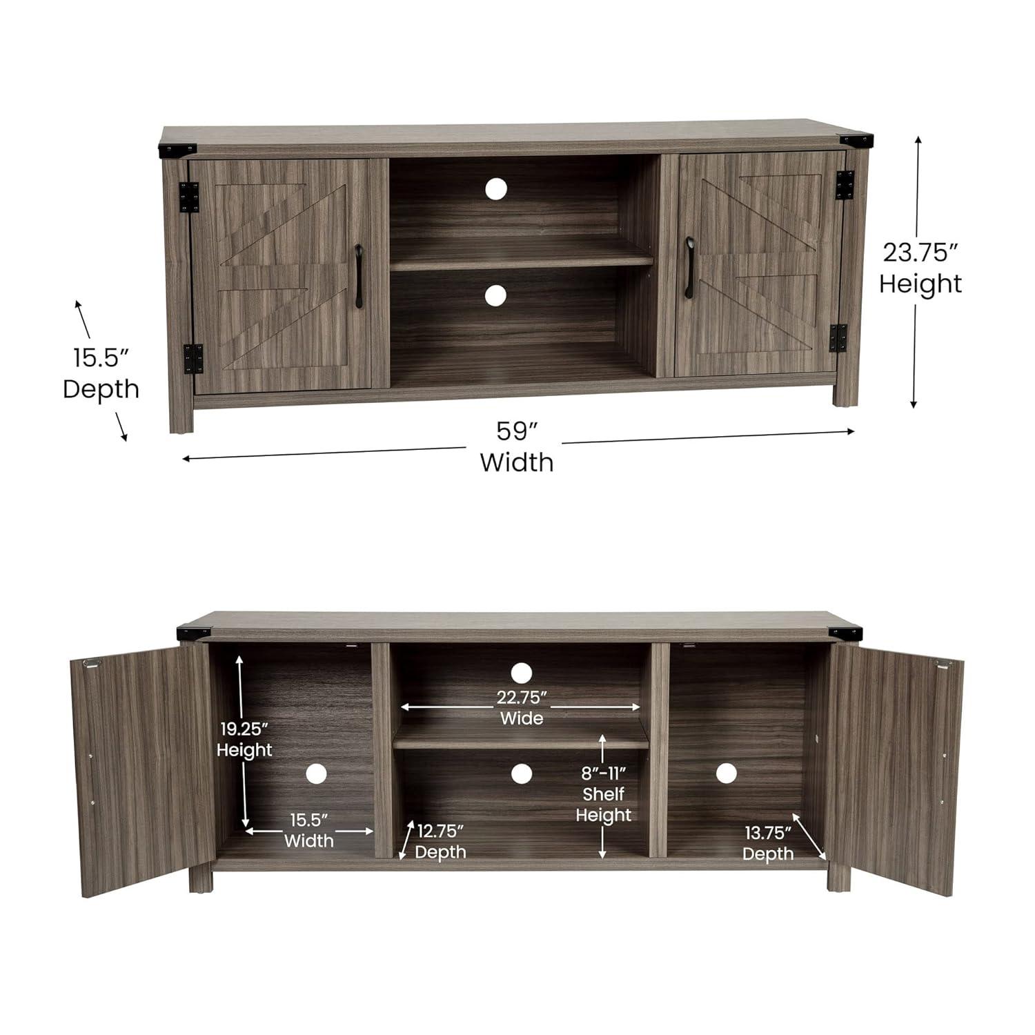 BizChair Modern Farmhouse Barn Door TV Stand - Gray Wash Oak for TV's up to 65 Inches - 59" Entertainment Center with Adjustable Shelf