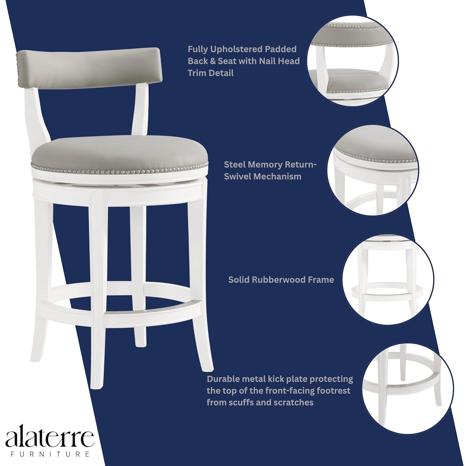 Alaterre Hanover Swivel Counter Height Bar Stool, 26-Inch Seat Height, White and Gray, Solid Rubberwood Frame with Faux Leather Upholstery, Nailhead Trim, Memory Return Swivel Mechanismv