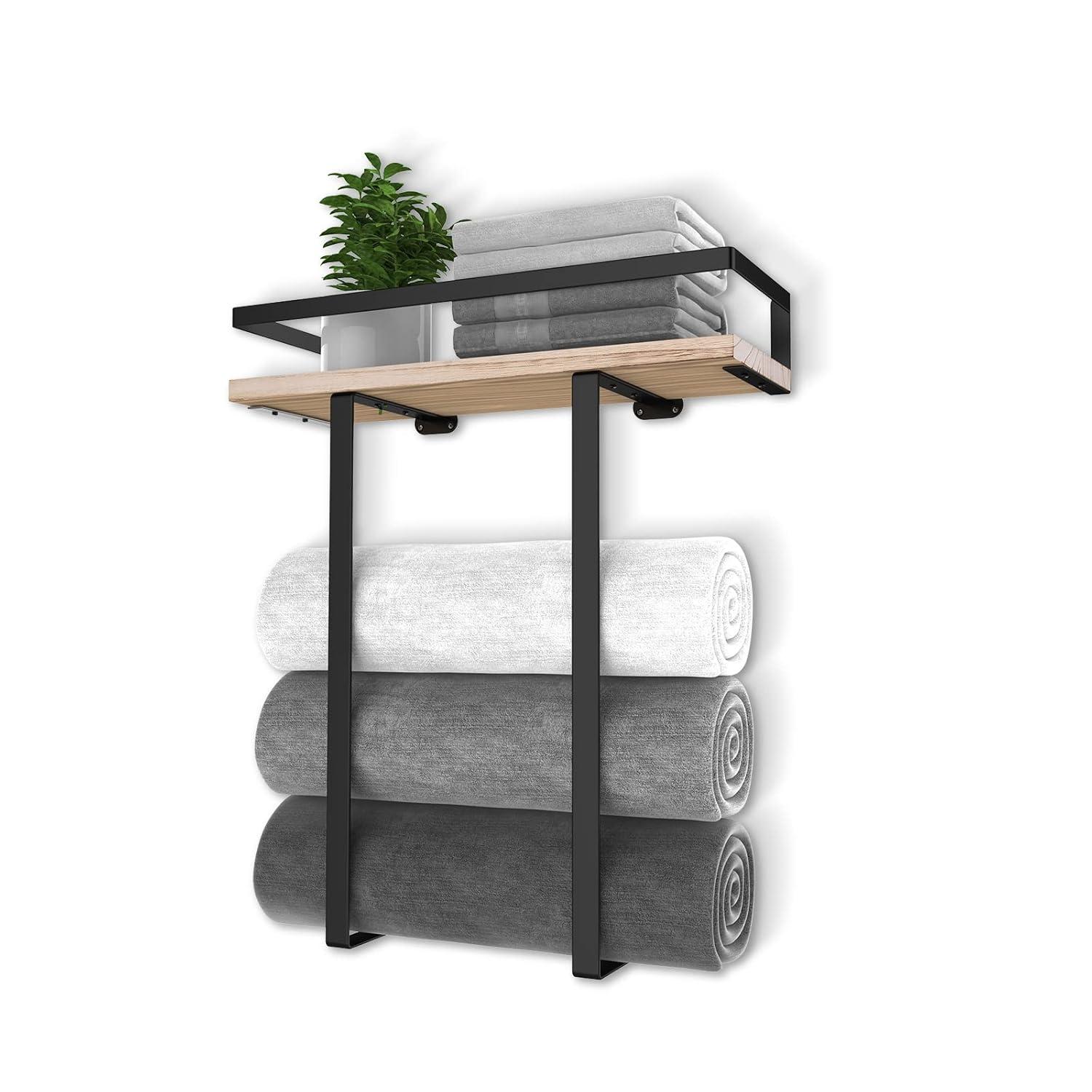 Towel Racks For Bathroom Wall Mounted, Xstydes Metal Towel Holder With Wooden Shelf For Folding Large Towels, Towel Storage For Small Bathroom Organizer Decor Or RV Camping