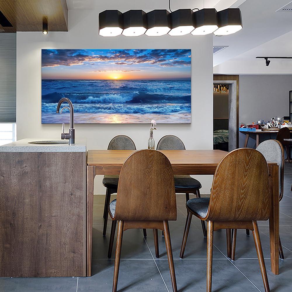 Creowell Wall Art Moon Sea blue Ocean Landscape Paintings Bedroom Canvas Art Print wall art for living room Paintings for Wall Decor and Home Decor -20x16 Inch