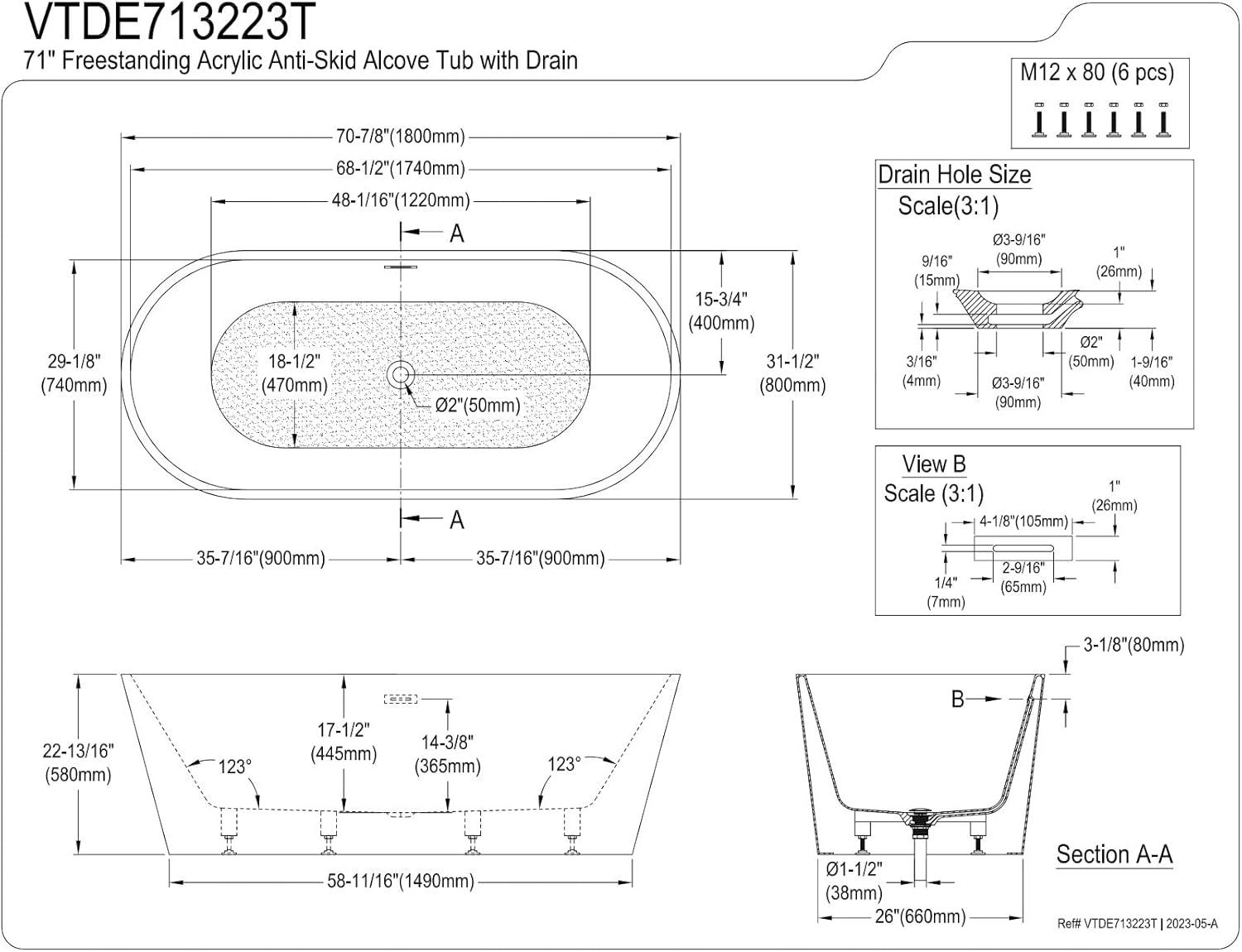Kingston Brass Aqua Eden 71-Inch Acrylic Oval Double Ended Freestanding Tub with Drain