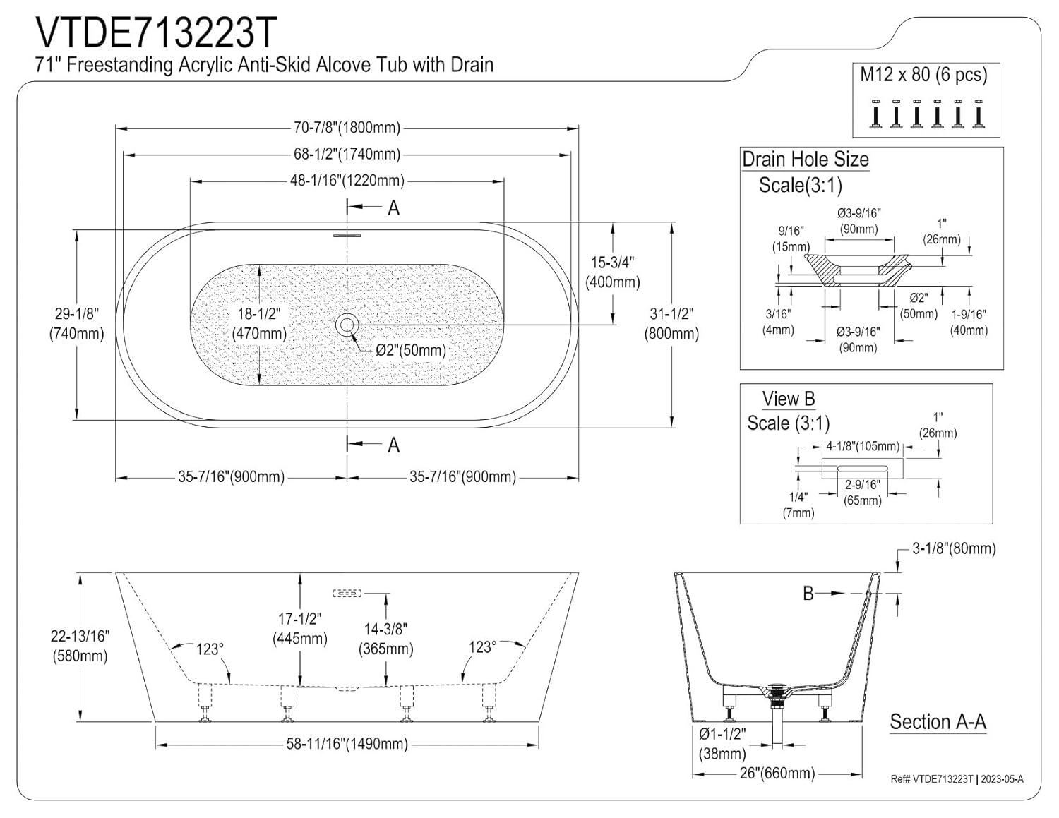 Kingston Brass Aqua Eden 71-Inch Acrylic Oval Double Ended Freestanding Tub with Drain