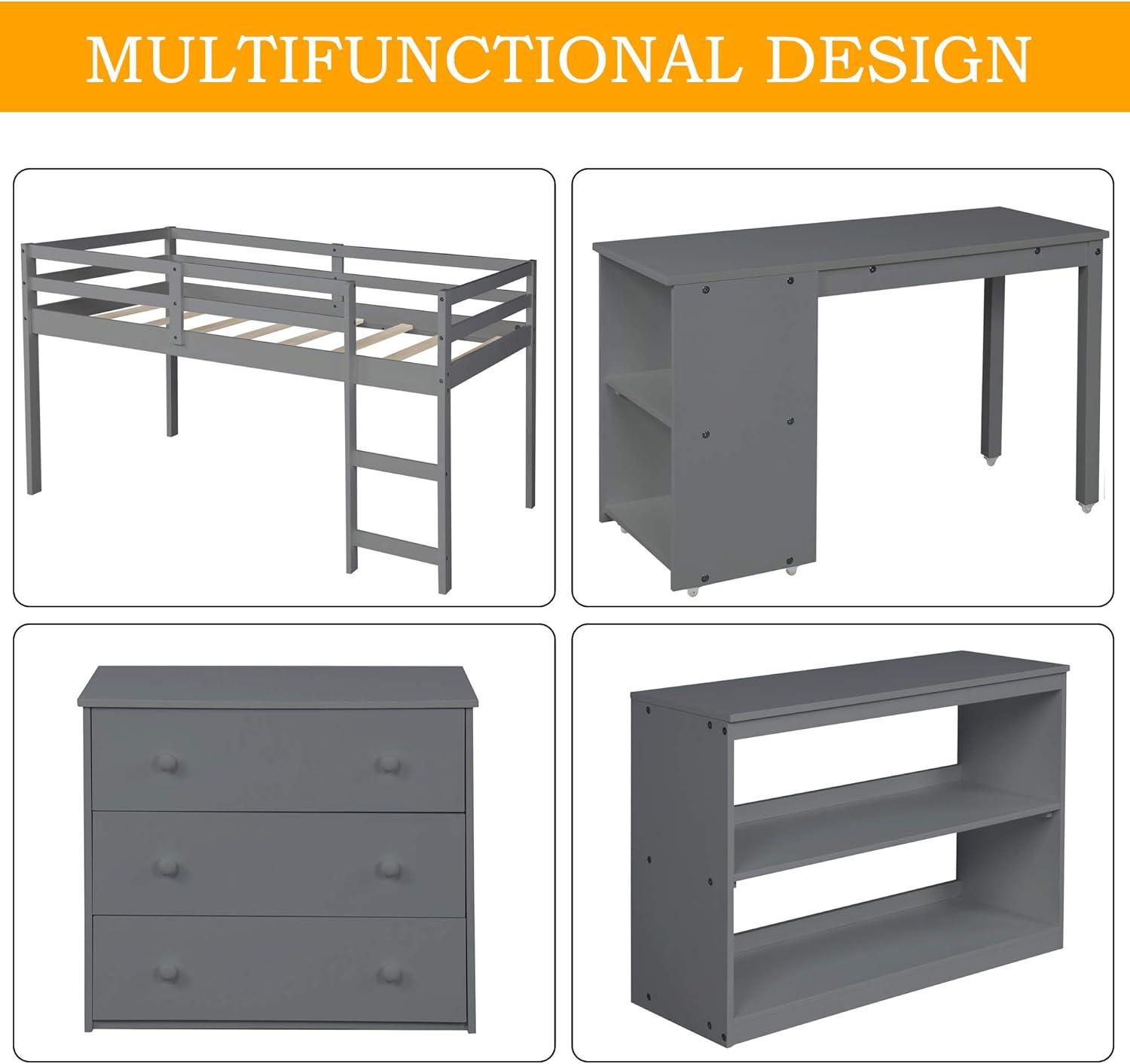 Twin Loft Bed Frame with Rolling Desk, Cabinets and Bookshelf, Wood Low Study Loft Bed with Full-length Guardrail for Kids, No Box Spring Required, Gray
