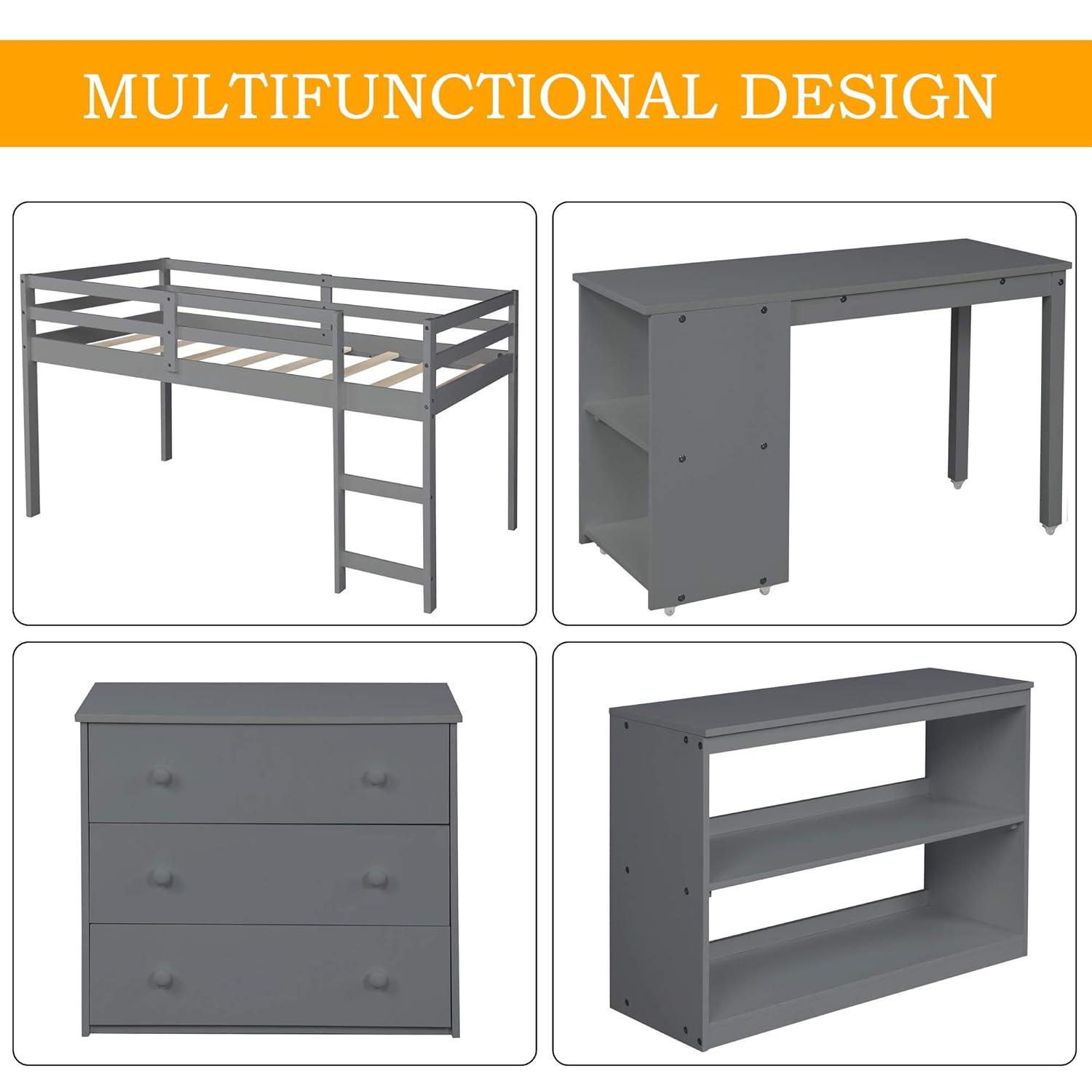 Harper & Bright Designs Twin Loft Bed with Cabinet and Rolling Portable Desk, Wooden Low Study Loft Bed with Drawers, Gray