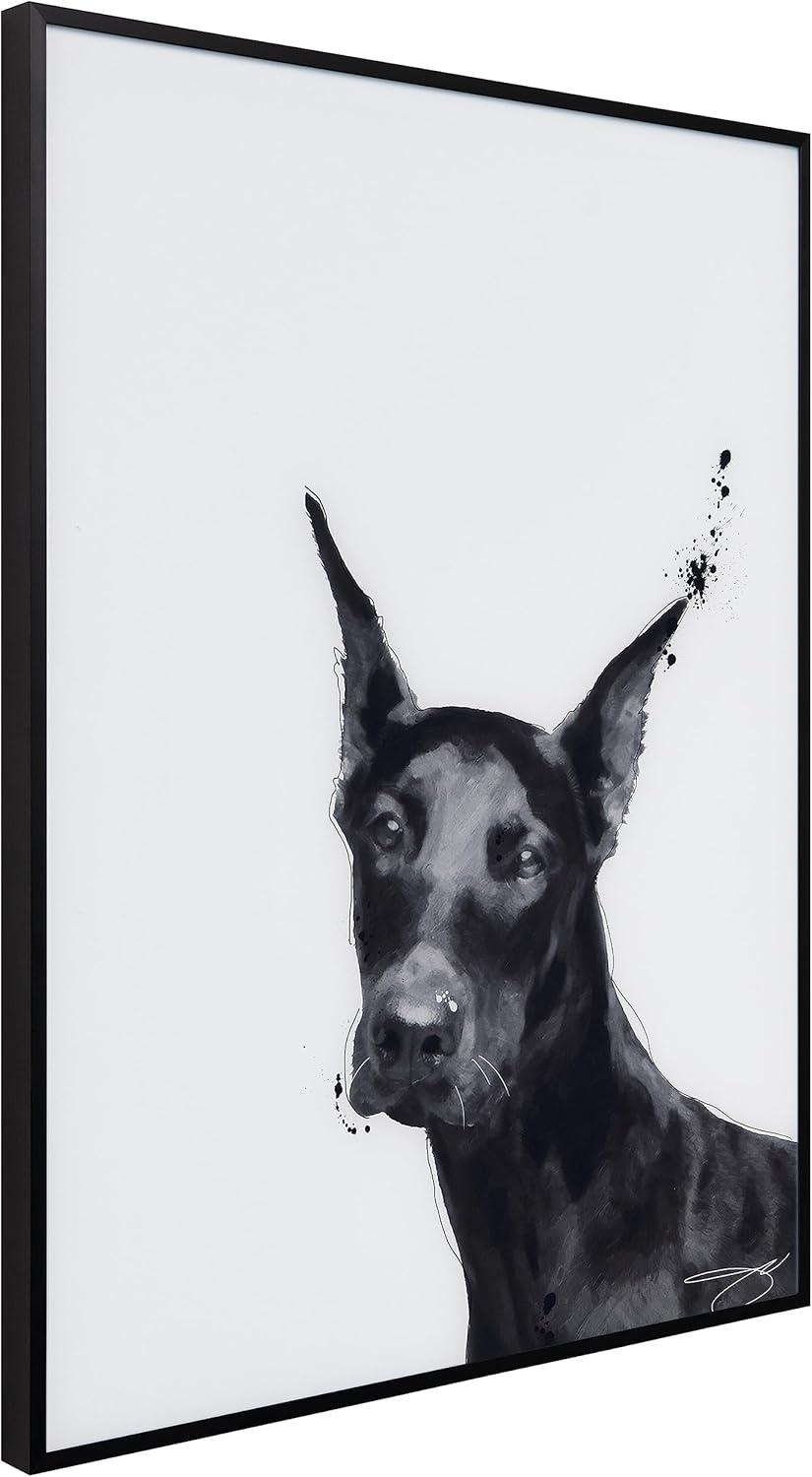 "Doberman" Black and White Pet Paintings on Printed Glass Encased with a Gunmetal Anodized Frame