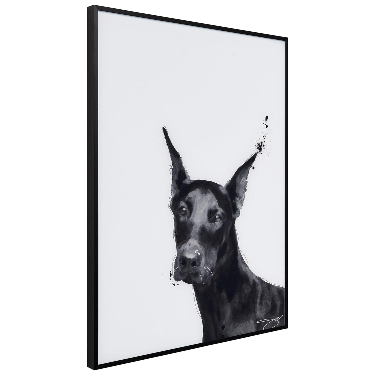 "Doberman" Black and White Pet Paintings on Printed Glass Encased with a Gunmetal Anodized Frame