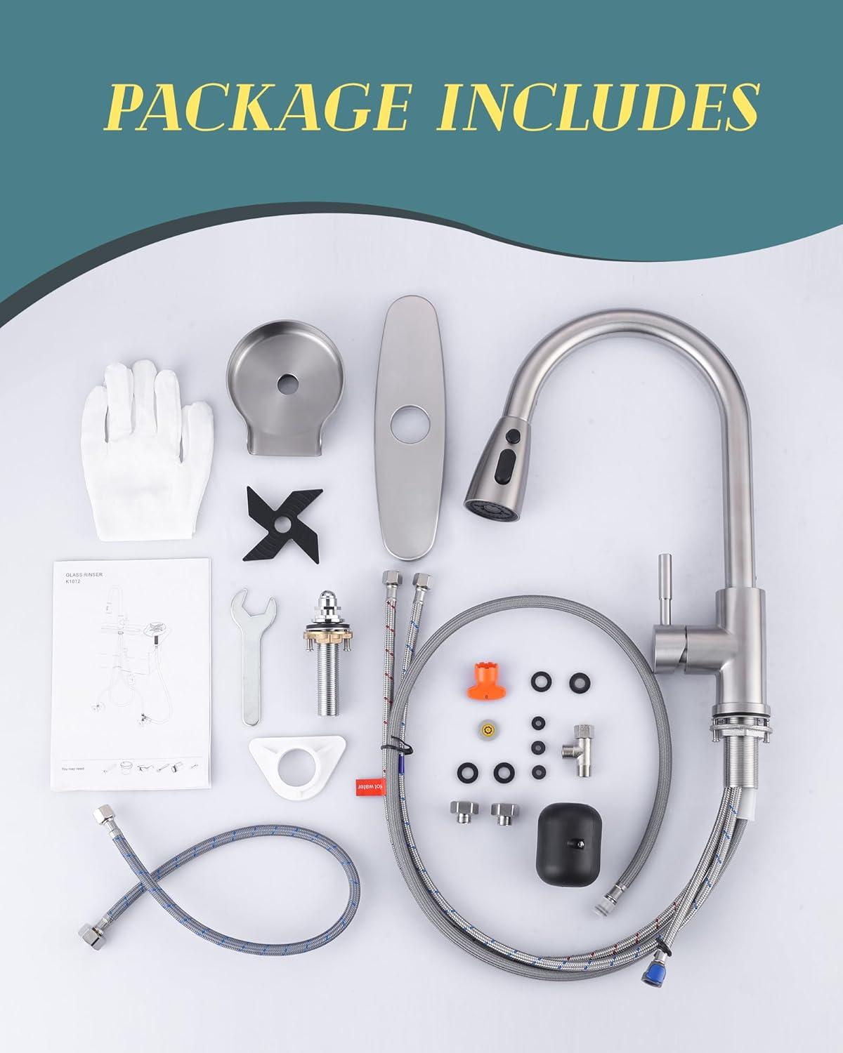 WOWOW Kitchen Faucet with Sprayer, Kitchen Sink Faucet, SUS 304 Stainless Steel, High Arc Single Handle Brushed Nickel Kitchen Faucets with Pull Down Sprayer, Pull Out Kitchen Faucet with Deck Plate