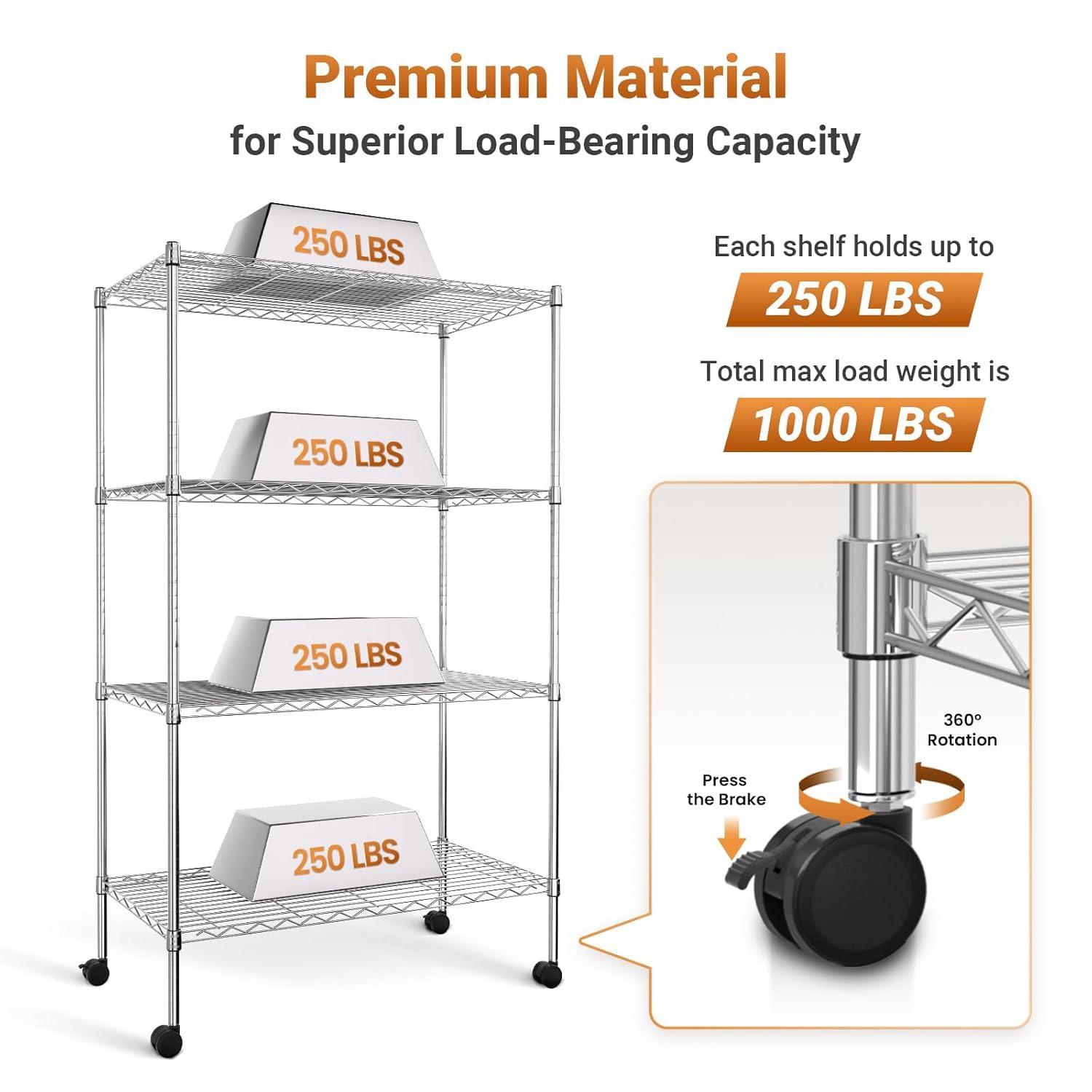 Simple Deluxe Heavy Duty 4-Tier Shelving with Wheels, 35.43" W x 17.72" D x 61.02" H Adjustable Steel Organizer Wire Rack, 1400 Lbs Loading Capacity, Chrome