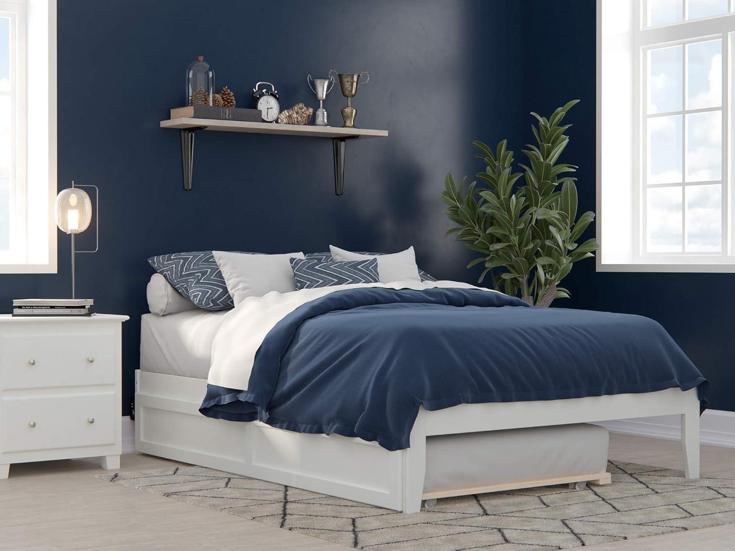 Elegant Full-Size White Platform Bed with Twin Trundle and USB Charging