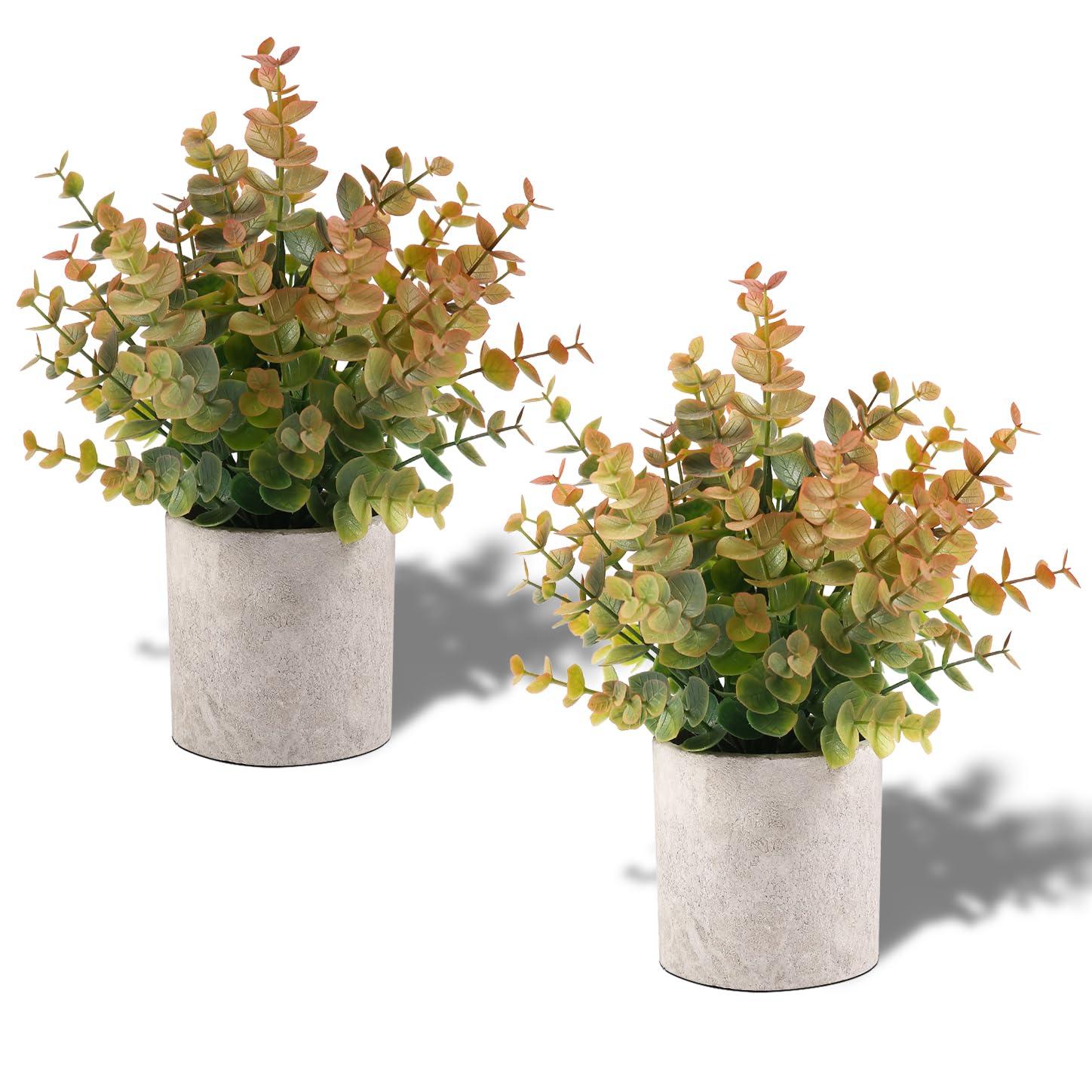 2 Pack Small Fake Plants Eucalyptus Potted Artificial Plants for Shelf Desk Home Bathroom Farmhouse Room Coffee Table Decor