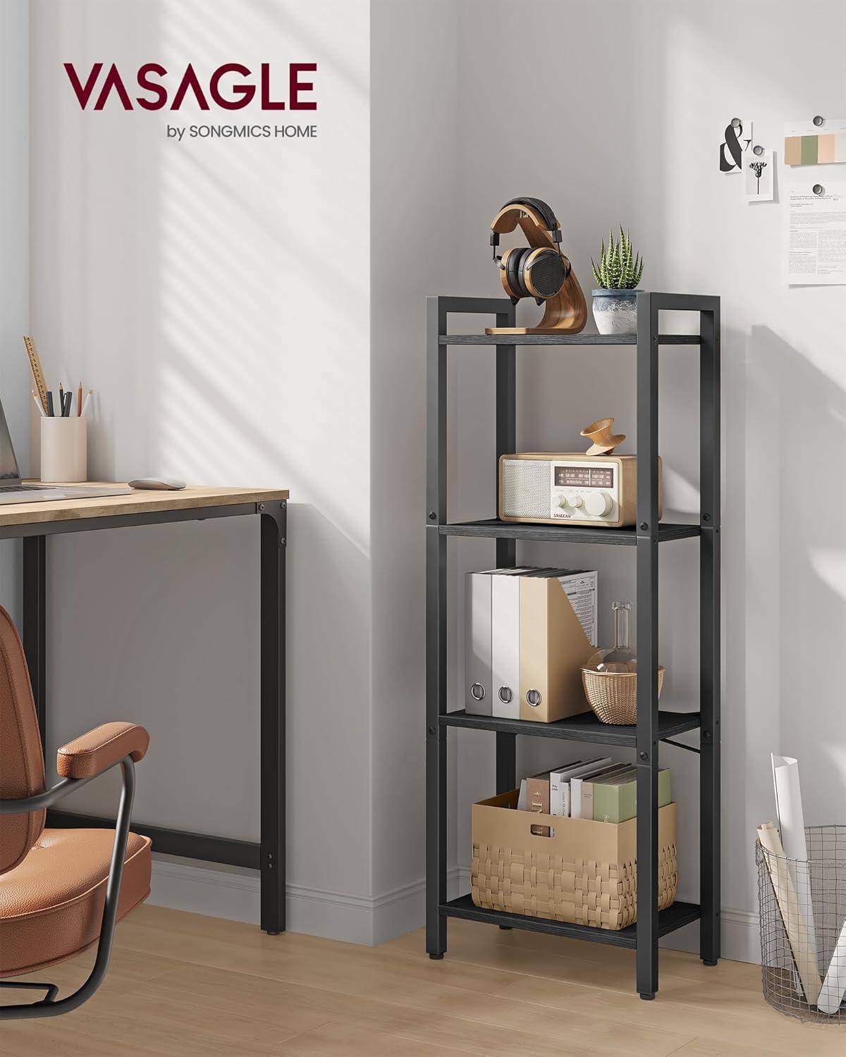 4-Tier Tall Bookshelf, Bookcase with Steel Frame, Book Shelf for Living Room, Home Office, Study, 9.4 x 15.7 x 42.1 Inches, Industrial Style, Ebony Black and Black ULLS099B56