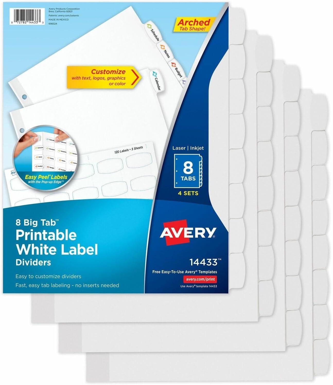 Avery Big Tab Printable Label Dividers, Easy Peel Labels, 8 Tabs