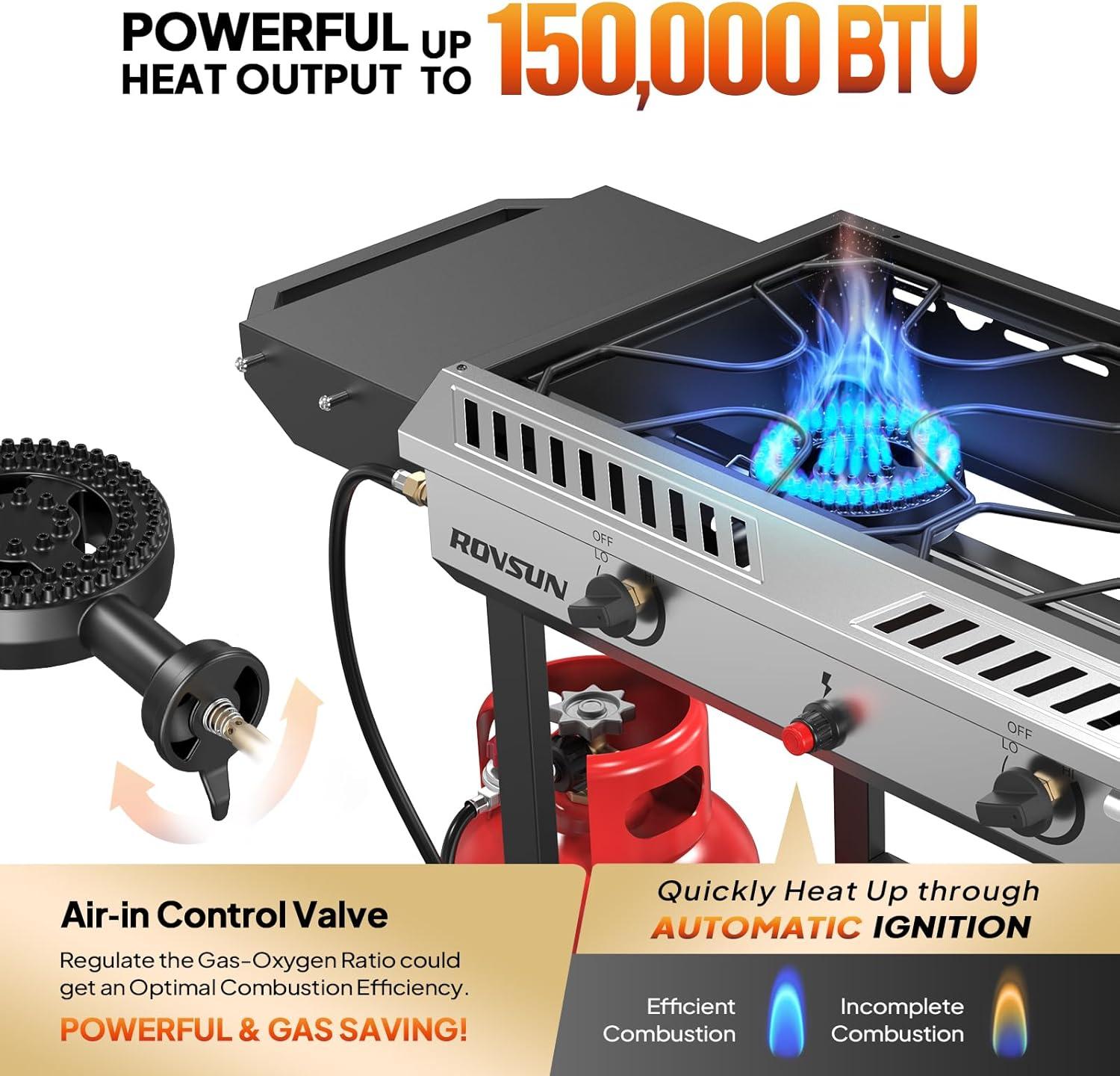 ROVSUN 2 Burner Outdoor Propane Gas Stove with Ignition, Regulator & Shelf, 150,000 BTU Powerful Cooker for Backyard Patio Cooking Home Canning Frying