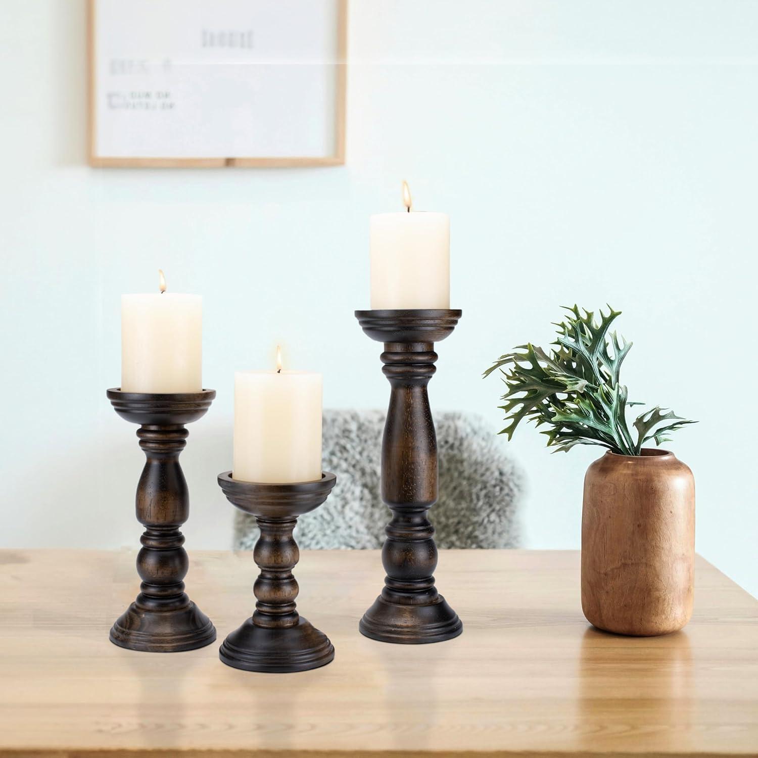 DecMode 3 Candle Brown Wood Candle Holder, Set of 3