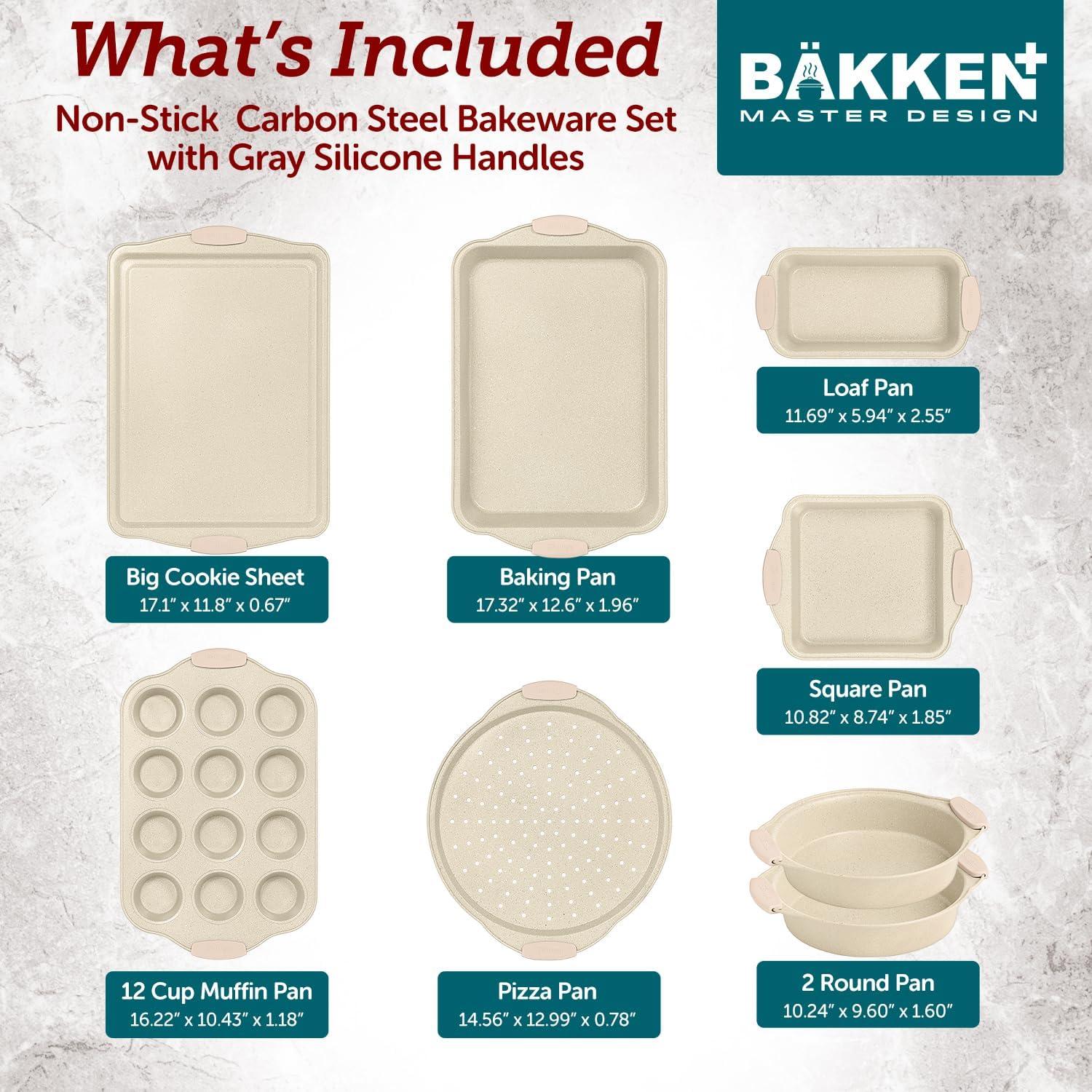 BAKKEN Deluxe 8-Piece Carbon Steel Bakeware Set - Nonstick White Marble Coating,
Silicone Handles - Professional Quality Kitchen Oven Baking Pans