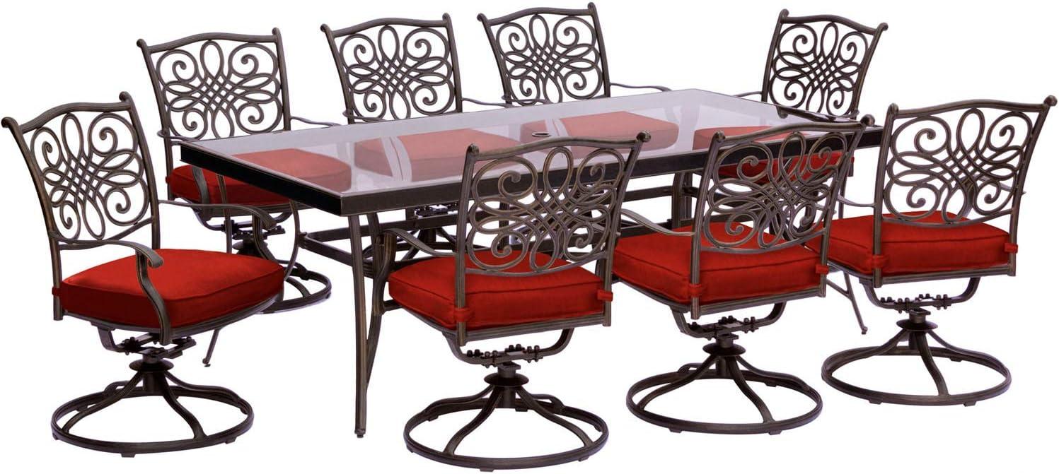 Elegant 8-Person Tempered Glass-Top Outdoor Dining Set with Red Cushions