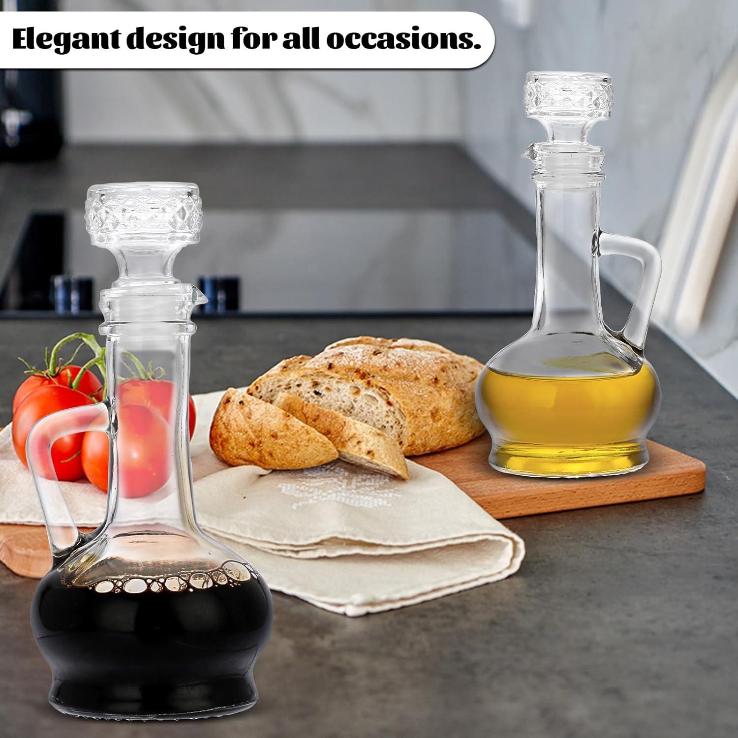 Cornucopia Brands 8oz Glass Oil and Vinegar Cruets (Set of 2); Round Oil Dispensers / Salad Dressing Bottles w/ Stoppers