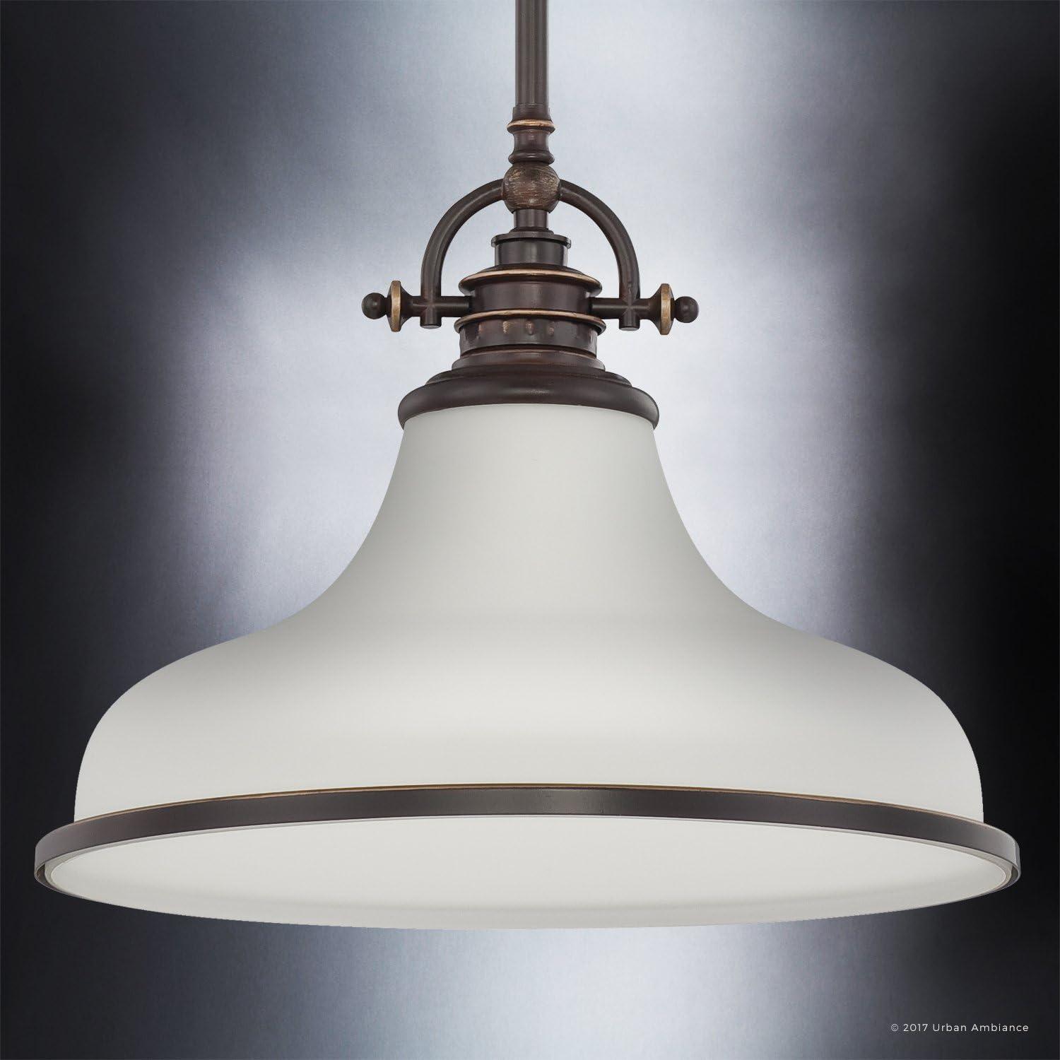 Urban Ambiance Luxury Industrial Hanging Pendant Light, Medium Size: 11.5"H x 13.5"W, with Americana Style Elements, Nostalgic Design, Oil Rubbed Parisian Bronze Finish and Opal Etched Glass, UQL2335