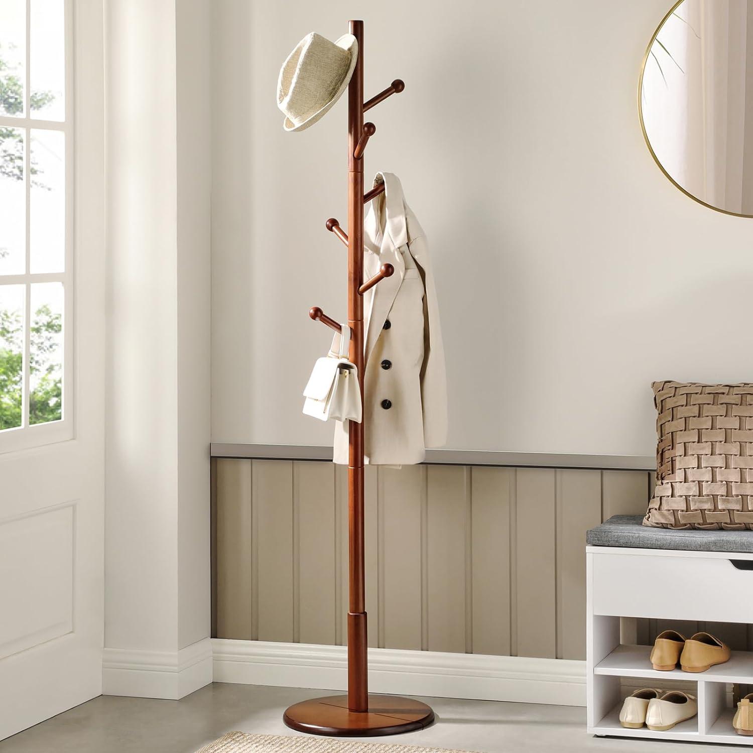 Coat Rack with 7 Rounded Hooks, Hall Tree, Coat Stand Dark Walnut