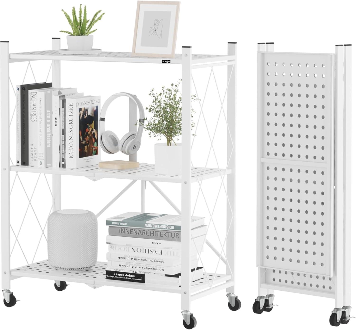 3-Tier Storage Shelves with Wheels, Folding Bookshelf No Assembly, Metal Display Shelf for Balcony, Kitchen, Basement, Pantry, White