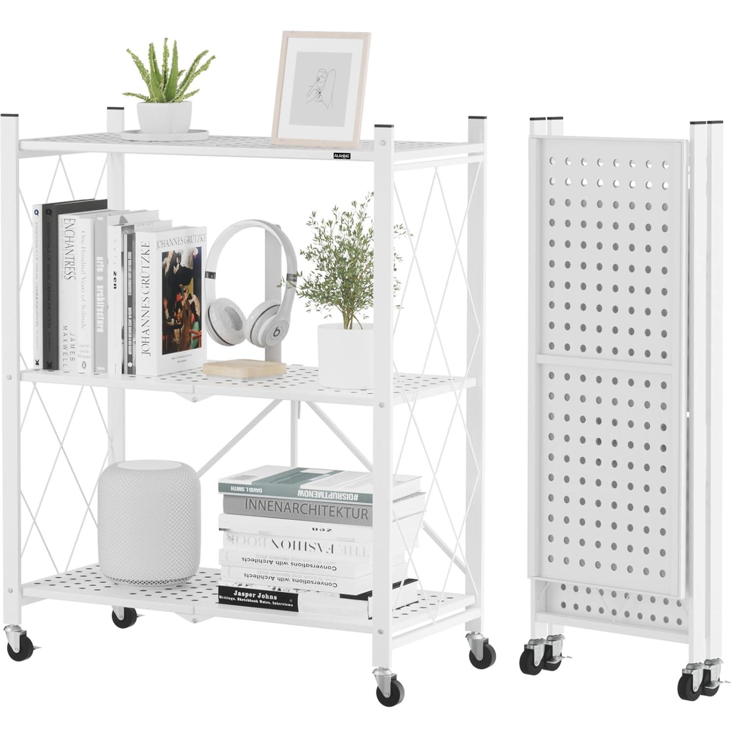 3-Tier Storage Shelves with Wheels, Folding Bookshelf No Assembly, Metal Display Shelf for Balcony, Kitchen, Basement, Pantry, White