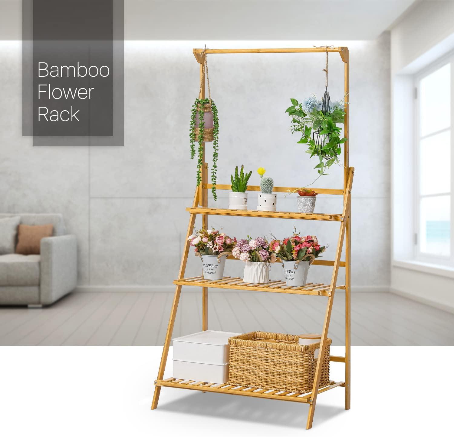 Bamboo 3 Tier Plant Stand Triangular Flower Pot Holder With Hanging Basket