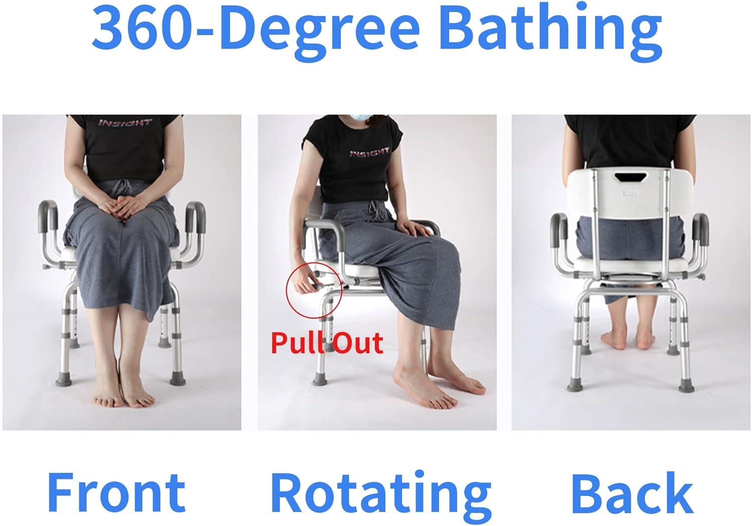 Swivel Shower Chair - Rotating, Pivoting, Height Adjustable Bath Chair for Seniors with Shower Head Holder