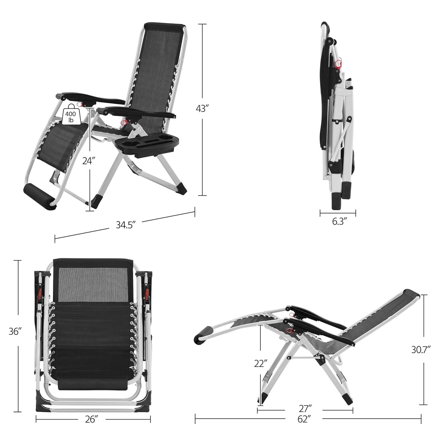 Yaheetech Zero Gravity Chair, Folding Reclining Lounge Recliner with Removable Pad & Headrest & Side Cup Holder Tray for Indoor and Outdoor Gray/2