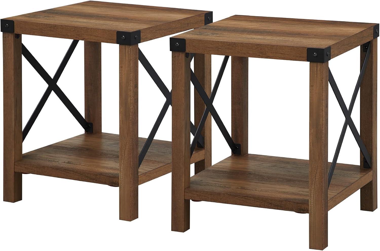 Farmhouse Metal-X End Tables with Lower Shelf in Gray Wash (Set of 2)