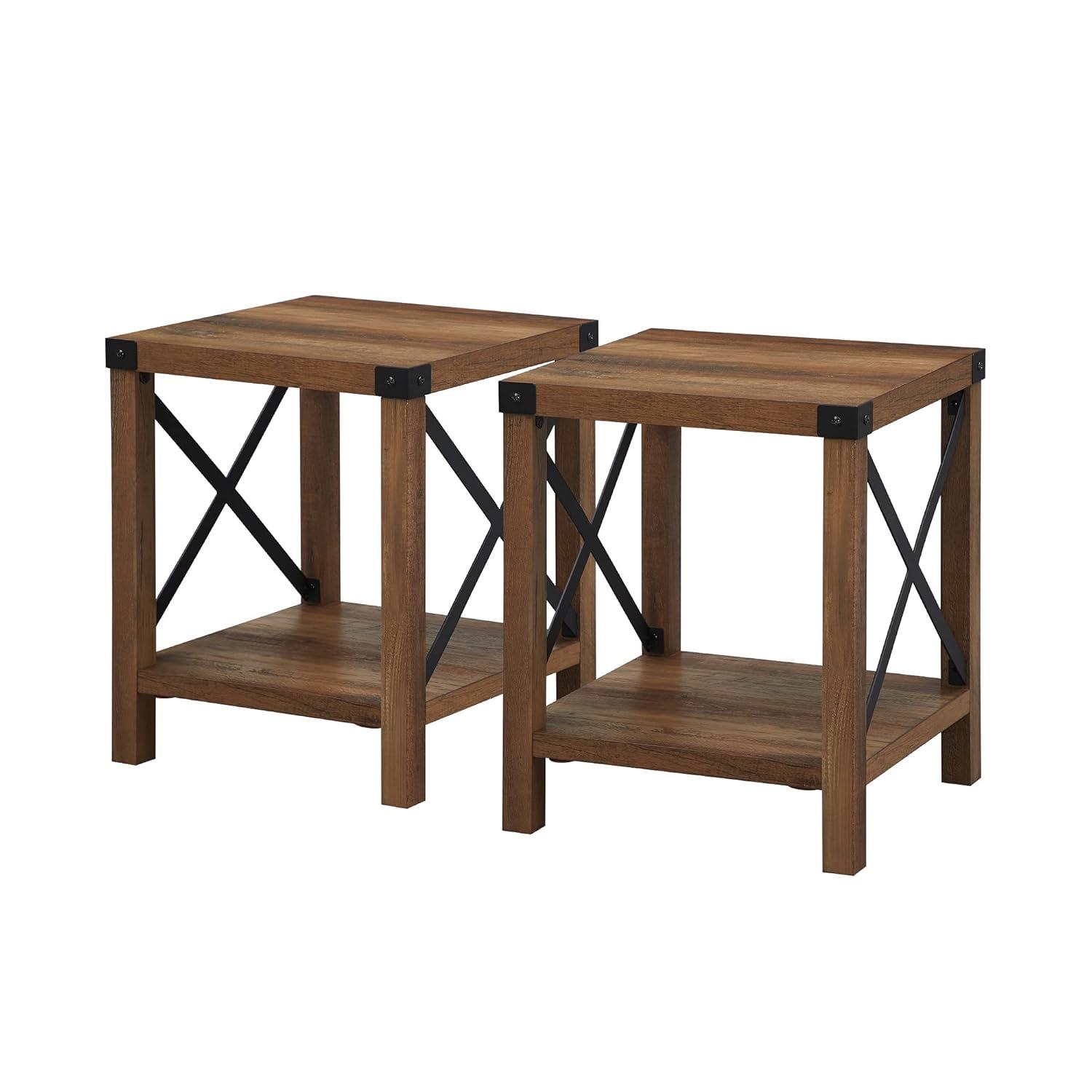 Farmhouse Metal-X End Tables with Lower Shelf in Rustic Oak (Set of 2)