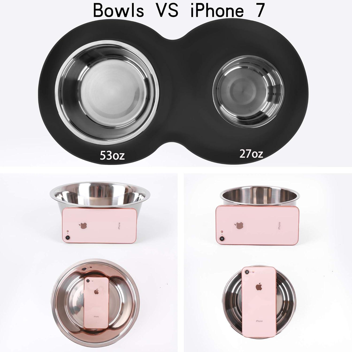 100% Waterproof BPA Free Pet Dog Bowls2 Stainless Steel（53oz+27oz） with 1.35“ Raised Edge Silicone Mat + Slow Feed Dog Water and Food Bowls for Feeding Small Large Dogs Cats Puppies (Black)