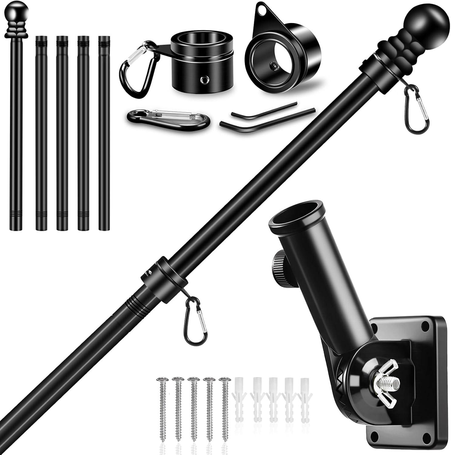 6 FT Flag Pole Kit with Mutil-Position Adjustable Bracket & Spinning Flagpole Rings, 1" Thicken Stainless Steel Metal Flag Poles for 3x5 Flag Outside House Wall Post Mount (6 FT, w/180° Black Bracket)