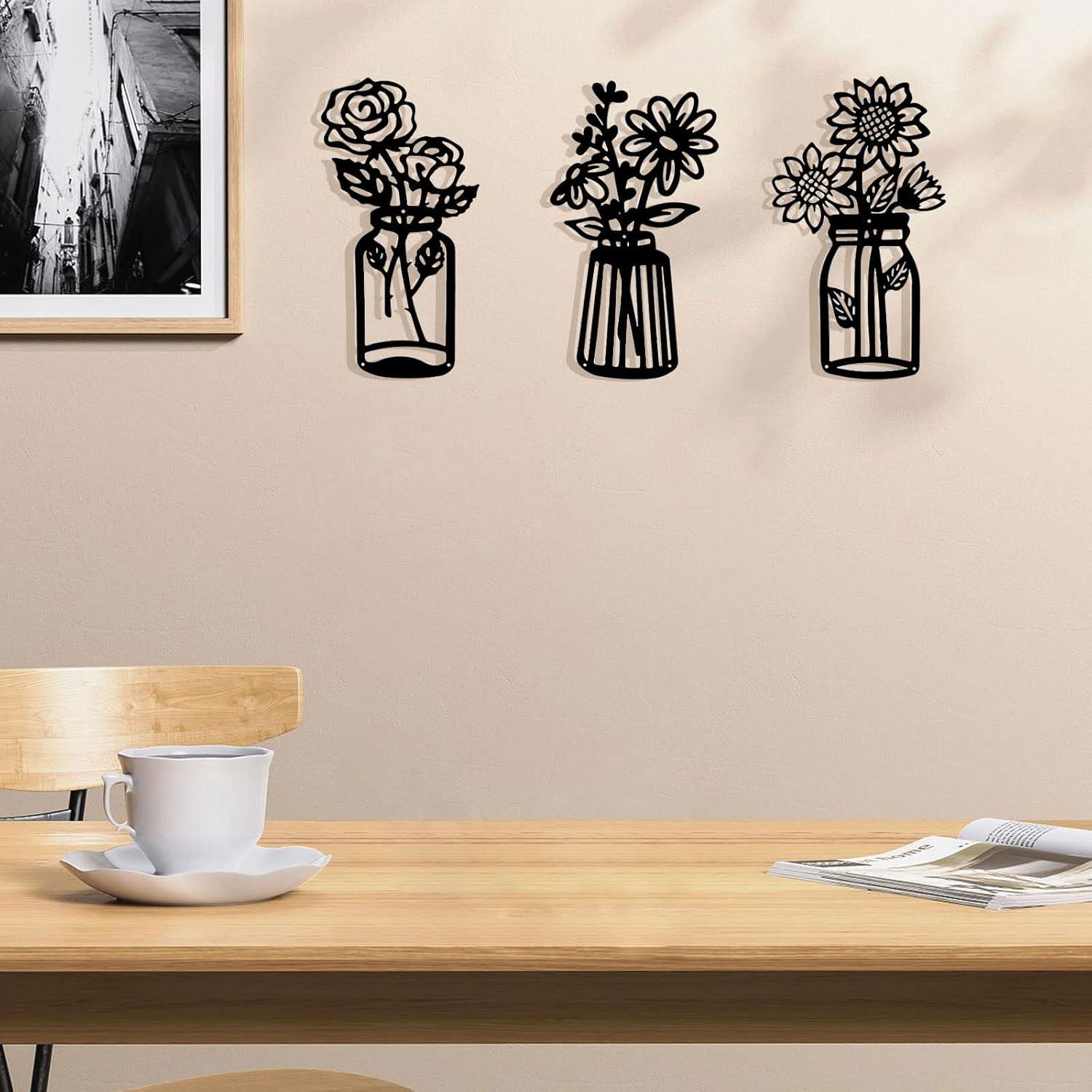 3 Pieces Black Metal Flowers Wall Decor Vase Art Sculptures Hanging for Indoor Kitchen Bathroom Dining Room Patio, 14.56x7.48 Inches