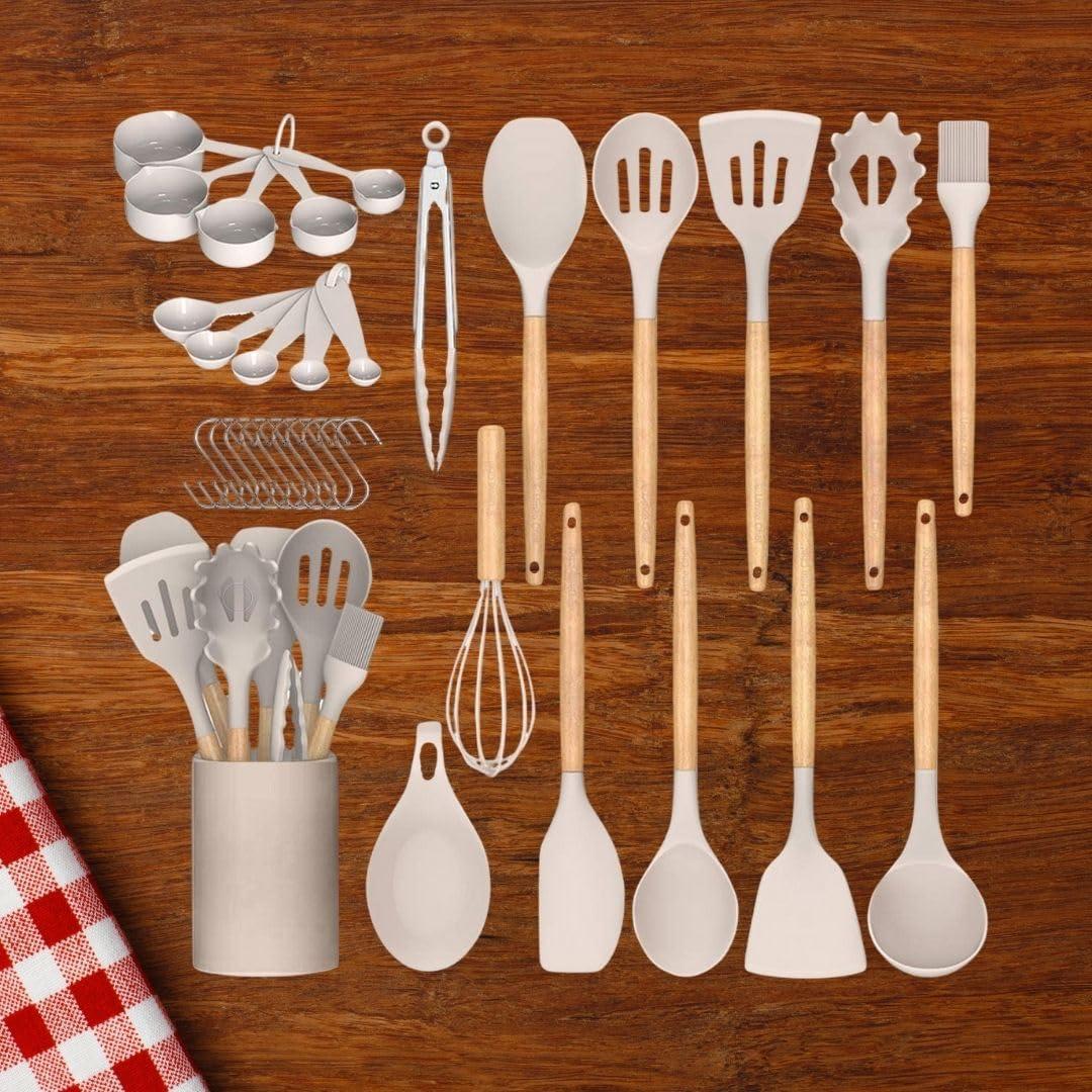 33 Pcs Silicone Kitchen Utensils Set, Khaki Kitchen Cooking Utensils Set with Natural Hard Wood Handle, Silicone Utensils Set with Holder, Heat Resistant, BPA Free, Non Toxic