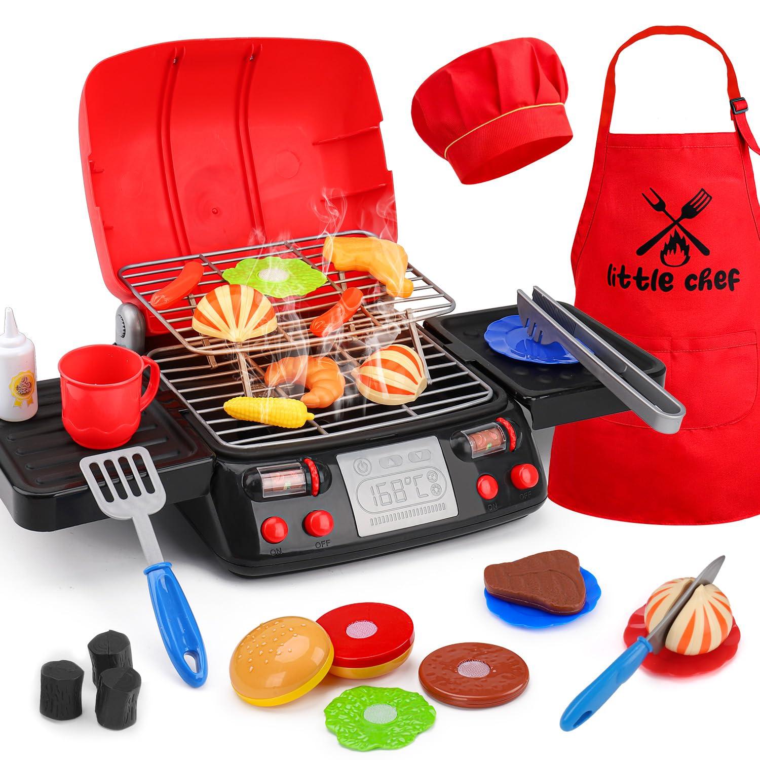 RUVINCE Kids BBQ Grill Playset - Kitchen Toy Grill Set with Smoke & Light