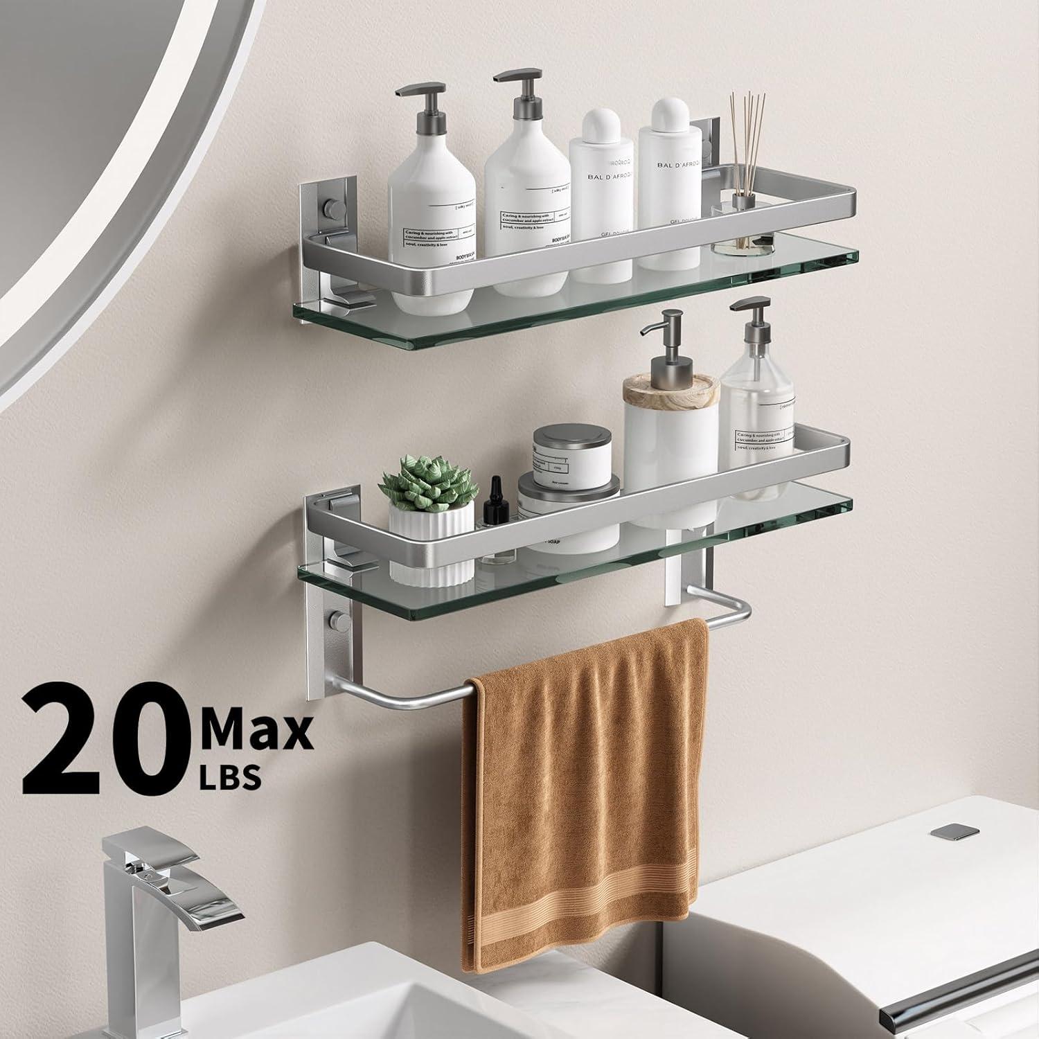Matte Silver Bathroom Shelves Wall Mounted- Clear Tempered Glass Shelf with Towel Bar and Hand Towel Holder