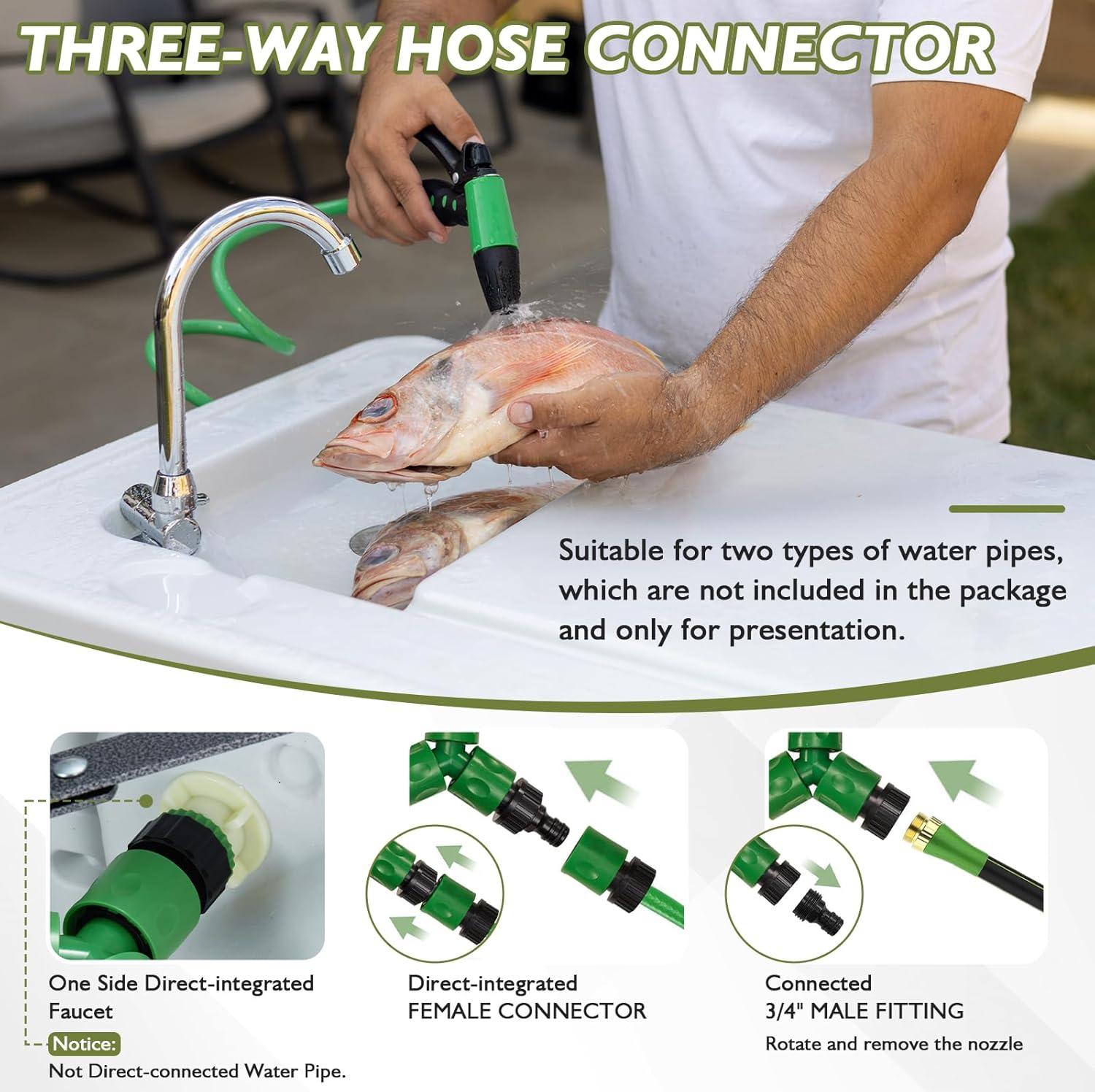 Folding Fish Cleaning Table Portable Camping Sink Table with Faucet Drainage Hose & Sprayer Outdoor Fish Fillet Cleaning Station with Grid Rack & Knife Groove for Picnic Fishing, Grey