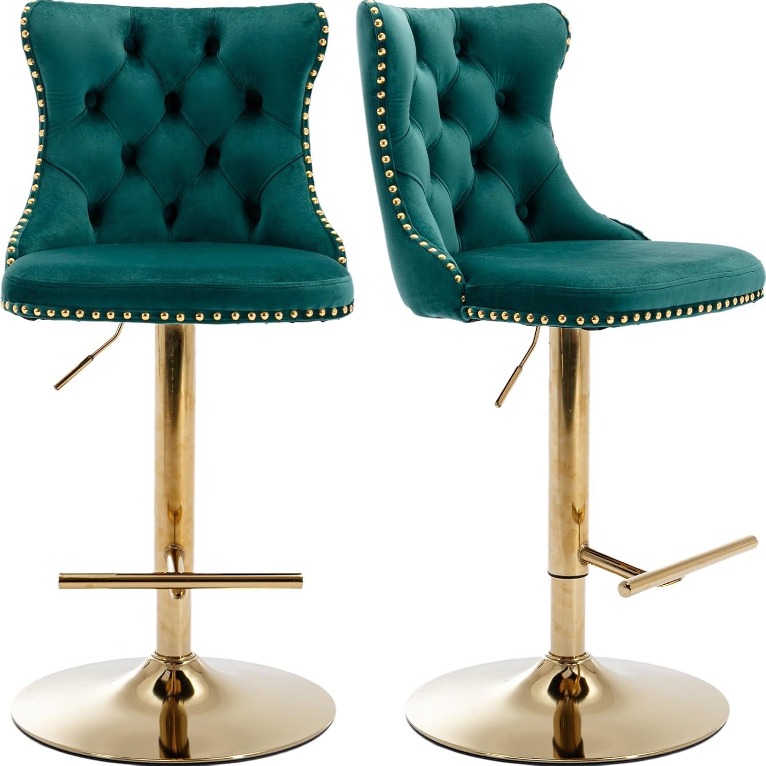 Swivel Counter Height Bar Stools Set of 2, Green Kitchen Island Barstools, Velvet Adjustable Bar Height Stool Chairs, Tufted Back, Gold Metal Base, Sillas para Barra de Cocina (Green, Velvet, 2 Pcs)