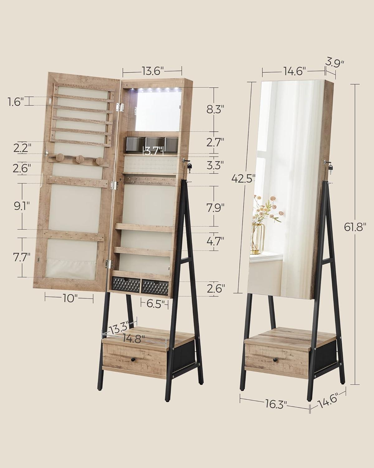SONGMICS LED Mirror Jewelry Cabinet Standing, Lockable Jewelry Armoire with Full-Length Mirror, Space-Saving Jewelry Organizer with Mirror, Drawer and Shelf, Toasted Oak Color UJJC025N01