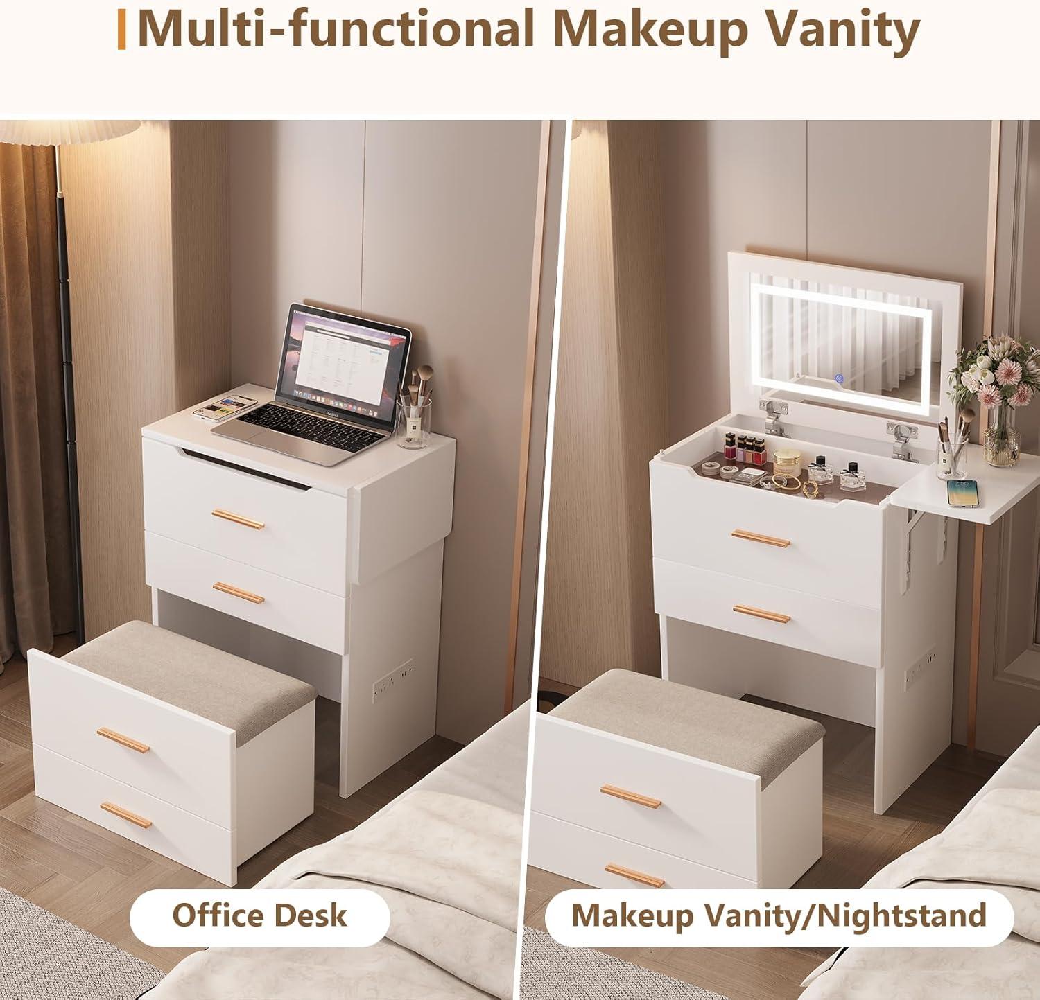 Makeup Vanity Desk with Mirror and Lights, 3-in-1 Vanity Set with 3 Drawers, Small Makeup Vanity with Hidden Stool, Compact Dressing Table Charging Station for Bedroom-White