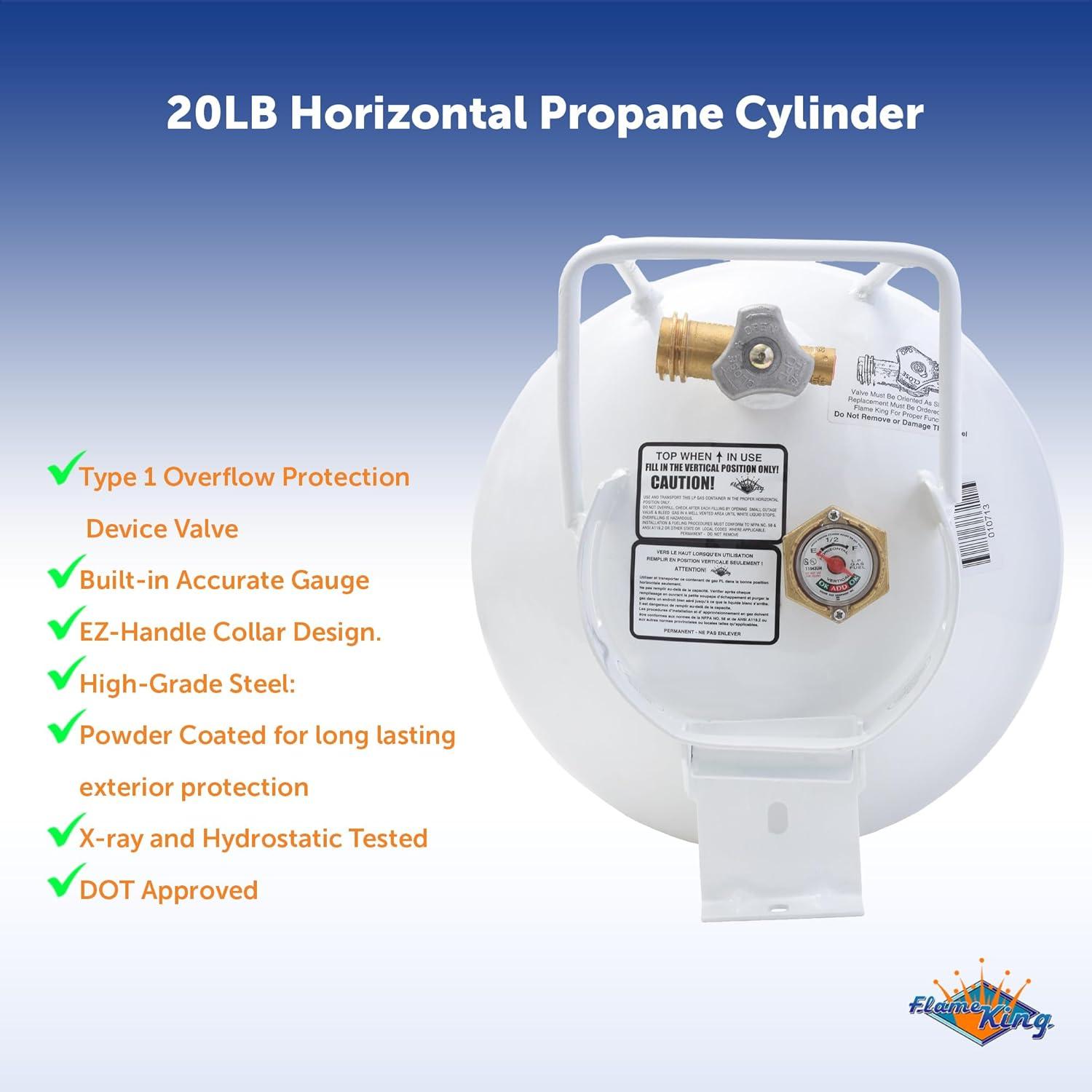 Flame King YSN201HZL 20-LB Steel Horizontal Propane Tank Cylinder for Fire Pits and Tables, Patio Heaters, Barbeques, RVs, and Truck Campers, White